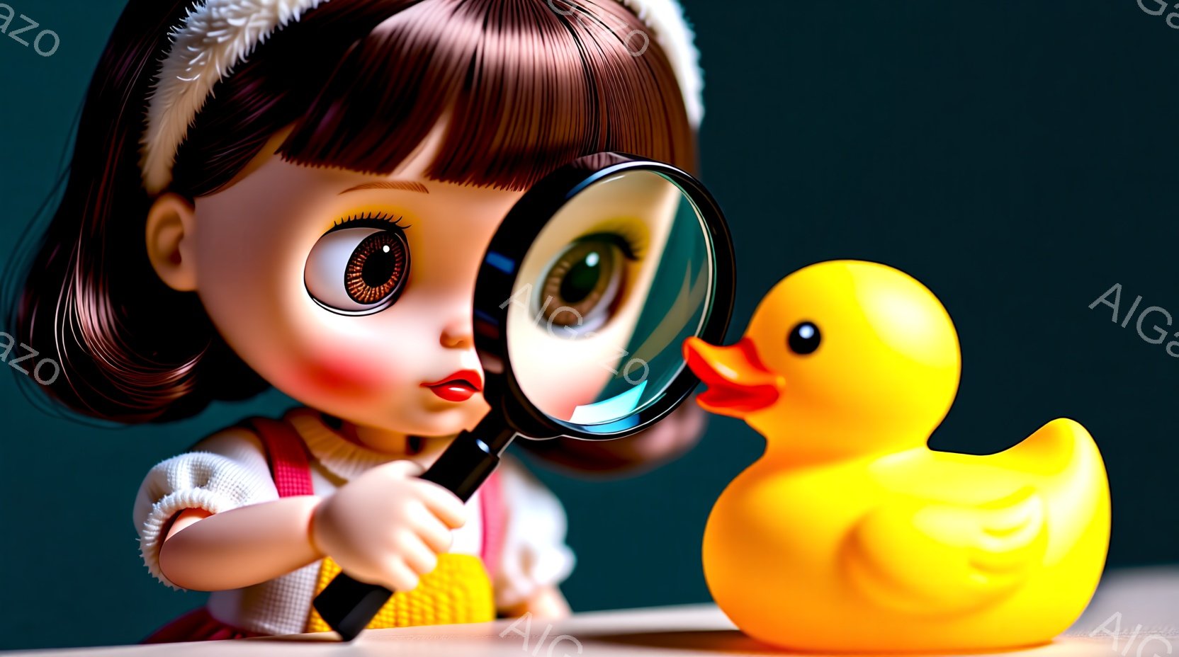明るい黄色の背景を背景に、大きな瞳の少女がルーペで黄色いアヒルの玩具を観察している。少女はピンク色のオーバーオールに白いヘッドバンドを身につけ、真剣な表情でアヒルを見つめている。アヒルは少女の右側に配置され、テーブルか何かの上に置かれているように見える。