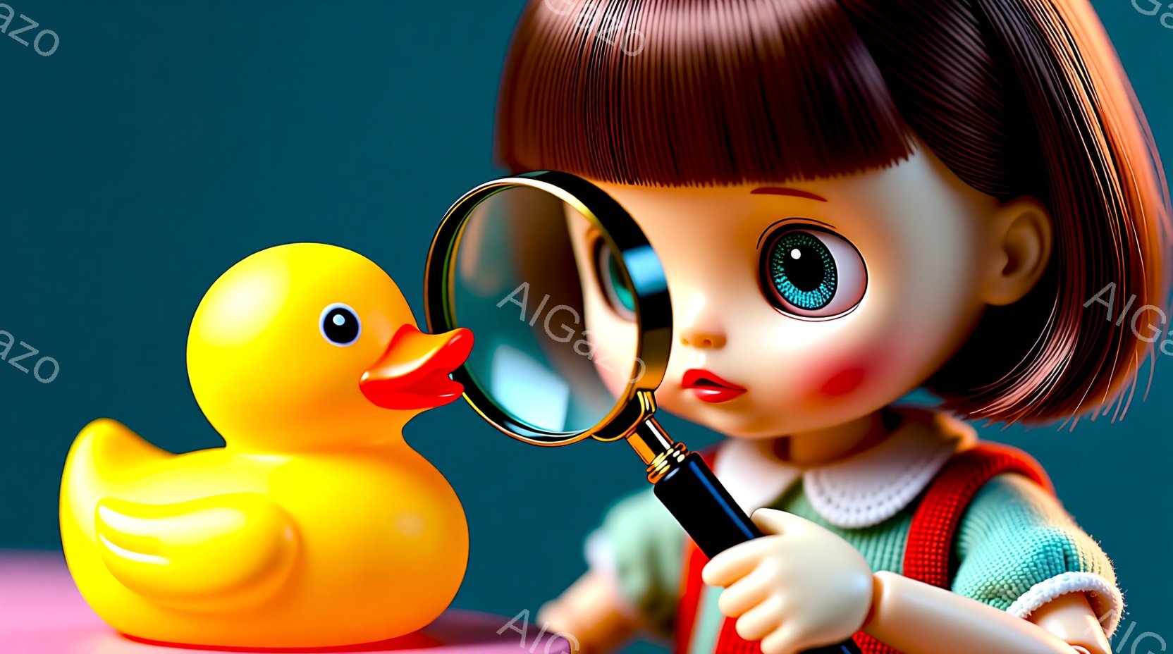 茶色のボブヘアの少女が、黄色いアヒルのおもちゃを拡大鏡で調べています。彼女は緑色のセーターと赤いサスペンダー付きの服を着ており、真剣な表情でアヒルを観察しています。背景はぼやけており、淡いピンク色の表面にアヒルと少女が配置されています。