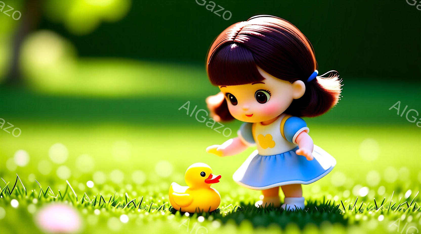 青いドレスを着た小さな女の子の人形が、緑の芝生の上で黄色いアヒルの玩具と並んでいます。人形は茶色のカールした髪で、大きな目と微笑みを浮かべており、とても愛らしい印象を与えます。背景は明るい緑色の芝生で、ぼやけた光が差し込み、春らしい穏やかな雰囲気を醸し出しています。