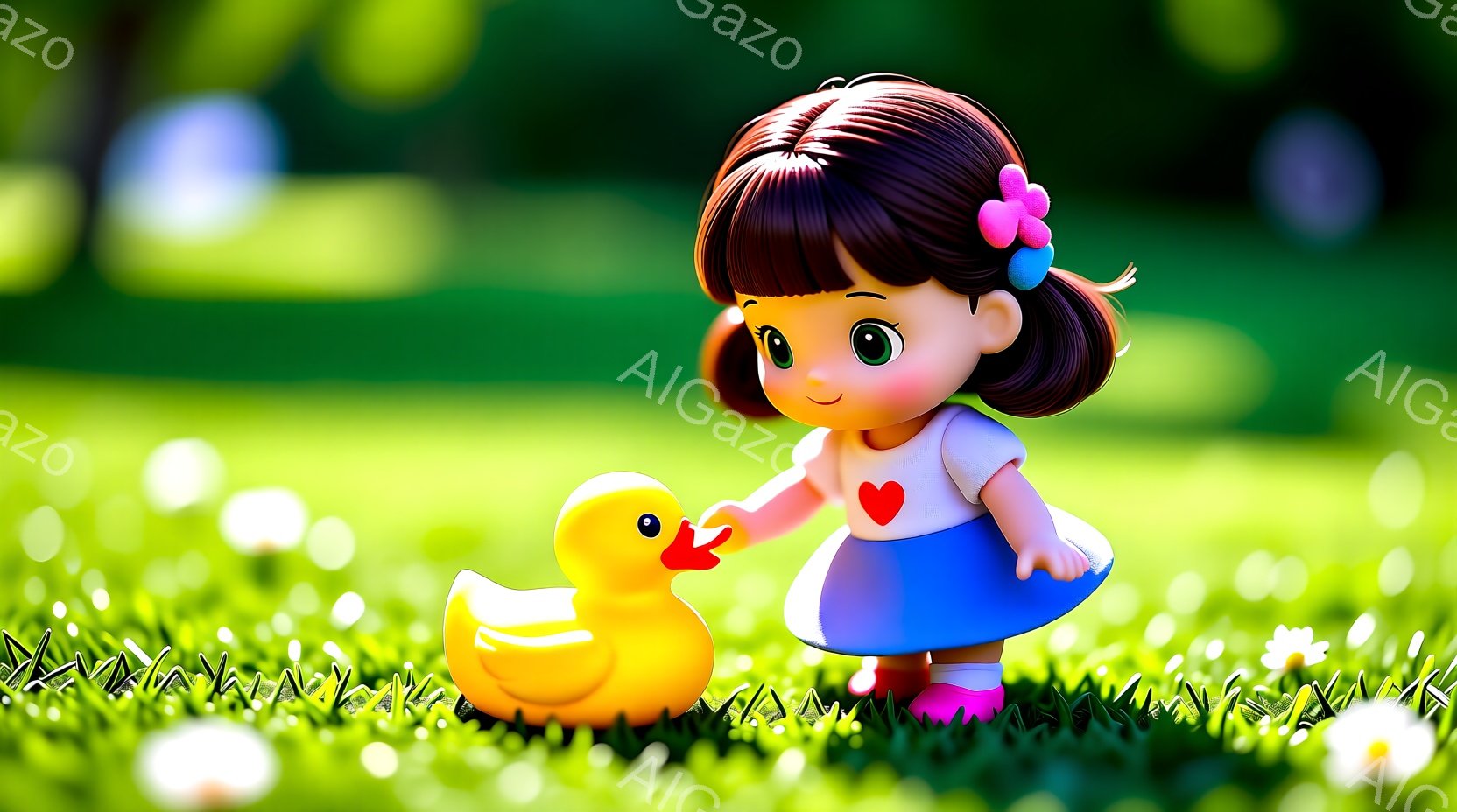 明るい緑の芝生の上で、ピンクの服を着た可愛らしい女の子がおもちゃの黄色いアヒルと戯れています。女の子は茶色のカールした髪にピンクのリボンをつけており、優しい笑顔を浮かべています。背景にはぼやけた緑の木 - AI生成フリー素材
