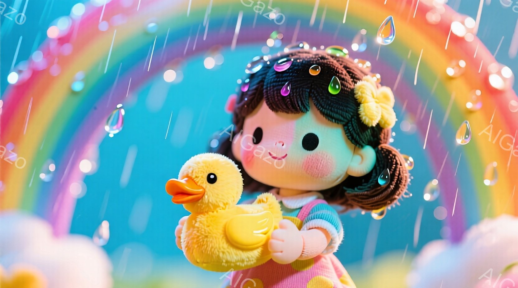 少女はピンク色の服を着て、頭に黄色い花飾りをつけています。彼女は大きな黄色いアヒルのぬいぐるみ抱きしめており、ほほえんでいます。背景には虹と雲があり、雨粒が降っており、夢のような幻想的な雰囲気を醸し出しています。