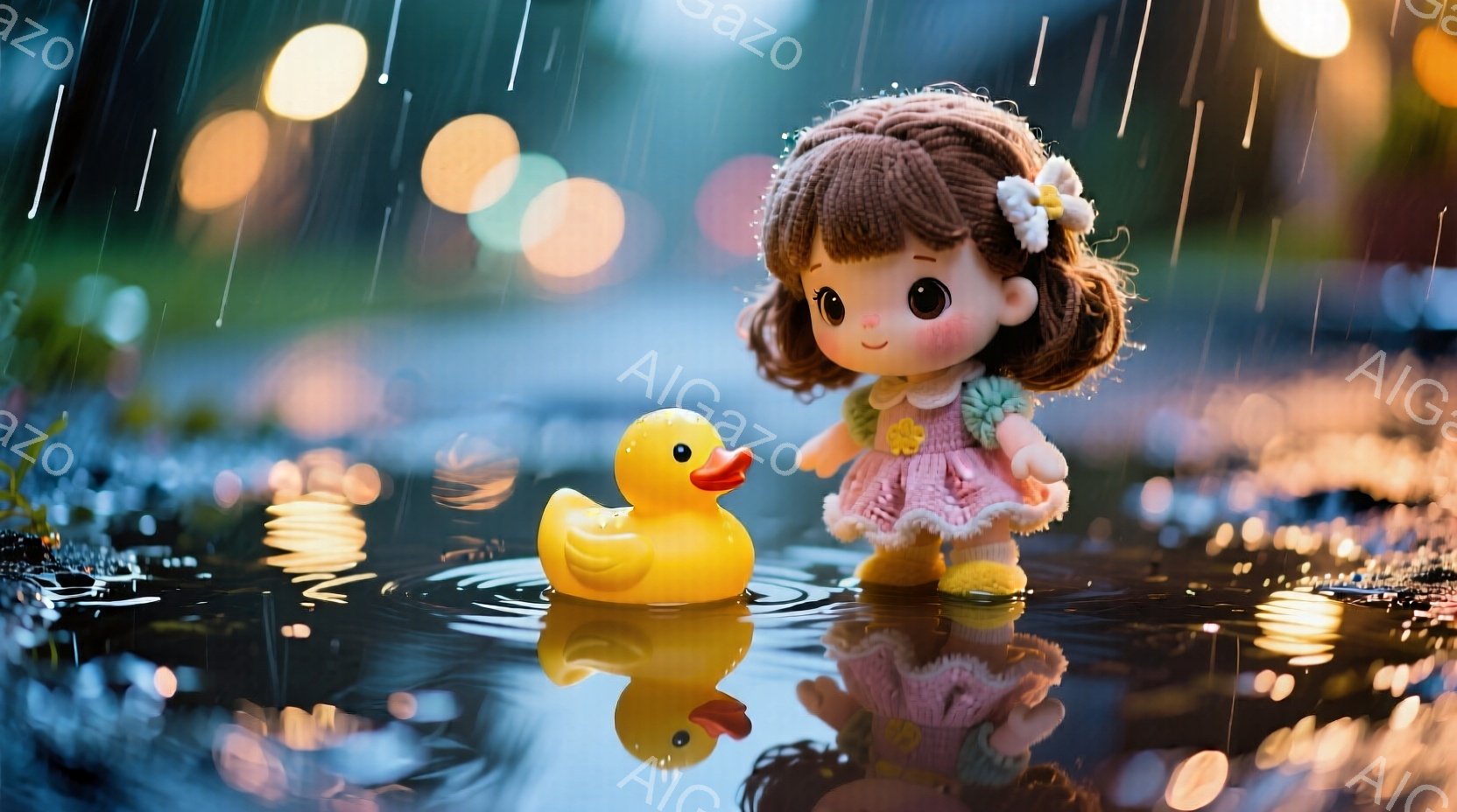 茶色の巻き毛の髪に白い花飾りをつけた小さな女の子の人形が、水たまりに浮かぶ黄色いアヒルのおもちゃの横に立っています。ピンク色のフリル付きのスカートと可愛らしいサンダルを履いており、穏やかな笑顔を浮かべています。背景は雨に濡れた地面で、ぼやけた光が点在し、幻想的で温かい雰囲気を作り出しています。
