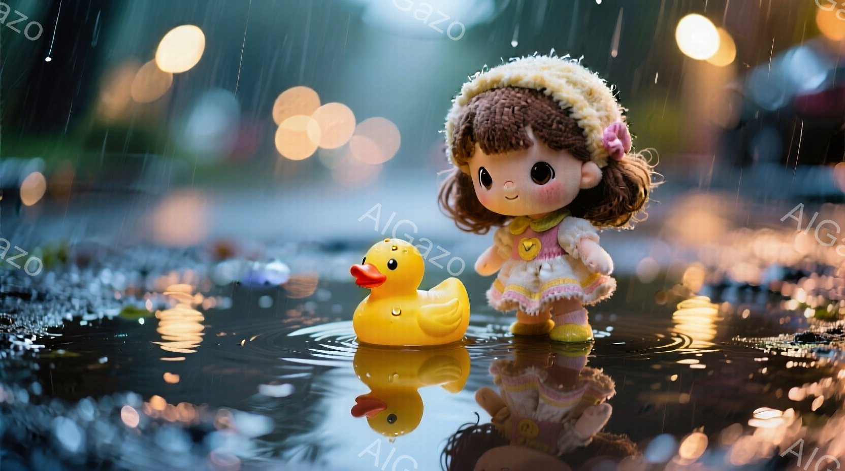 茶色の巻き毛に黄色い花飾りをつけた少女の人形が、水たまりの中に黄色いアヒルのおもちゃと立っています。人形はピンクと水色のフリルスカート、クリーム色の靴を履いており、少し微笑んでいるように見えます。背景は夜の街並みで、雨が降り、水たまりに光が反射し、幻想的な雰囲気を作り出しています。