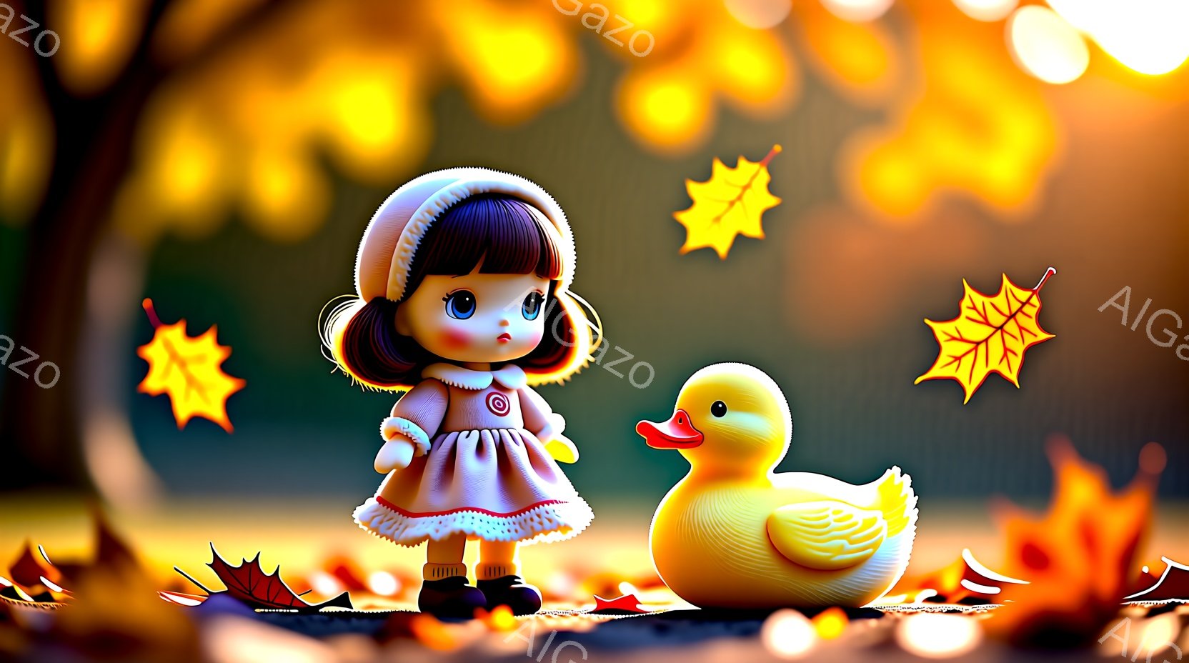 金髪の巻き毛に赤い帽子をかぶった少女が、赤いドレスと黒い靴を身につけて立っています。彼女は少し憂いげな表情で、少し悲しそうな目をしています。背景には秋の紅葉が舞い散り、ぼやけた光の粒子が散りばめられ、暖かく幻想的な雰囲気を醸し出しています。