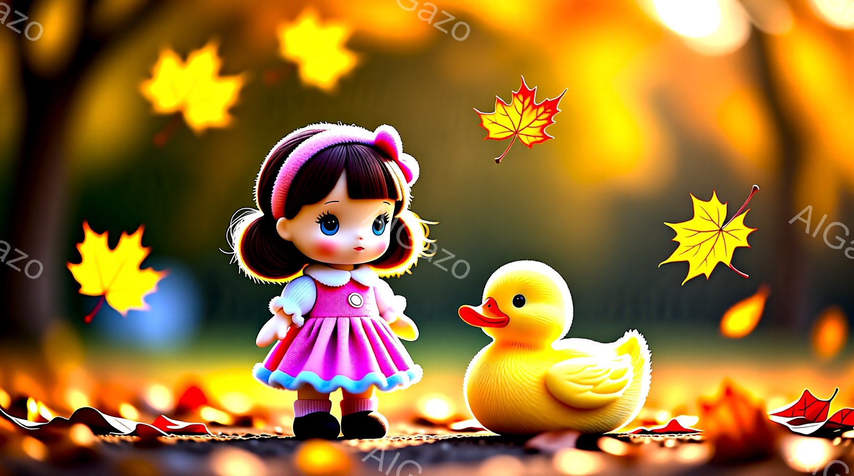 大きな瞳を持つ少女が、ピンク色のフリルドレスと黒い靴を身につけて立っています。彼女は短い茶色の髪に赤いリボンをつけており、無表情な顔をしています。背景は秋の風景で、鮮やかな赤や黄色の紅葉が舞い散り、ぼ - AI生成フリー素材