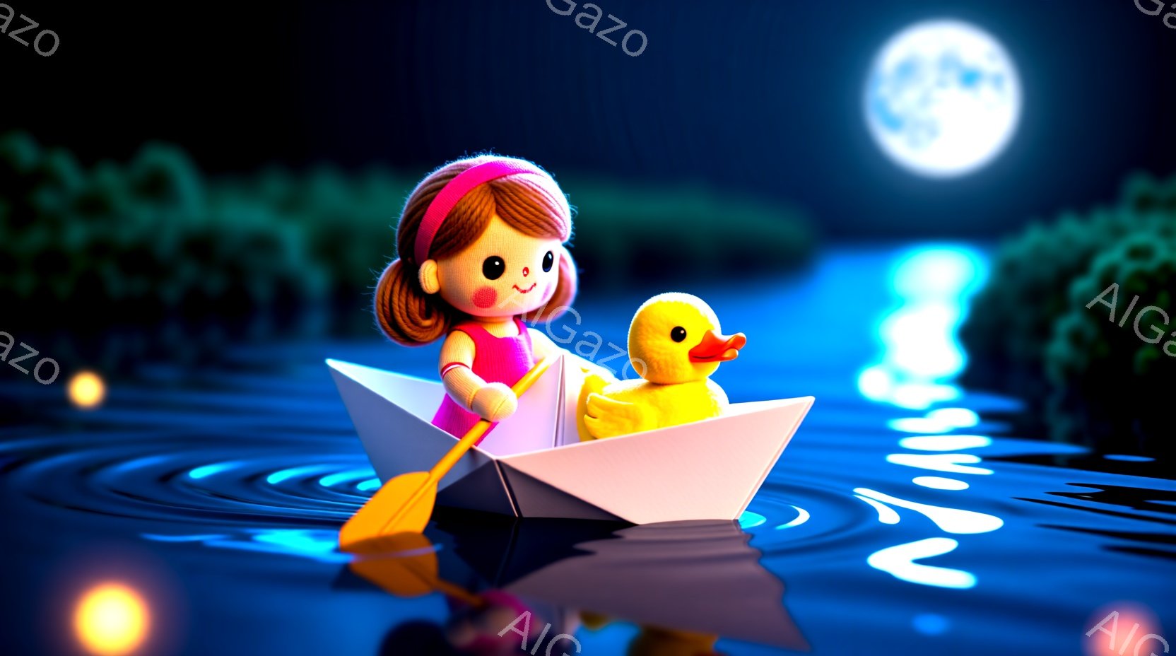 紙で作られた小さなボートに少女とアヒルのぬいぐるみがあ乗っています。少女はピンク色の服を着て、赤いヘアバンドをつけ、笑顔でオールを漕いでいます。背景は夜の湖で、月明かりとぼんやりとした光が水面に反射し、幻想的な雰囲気を作り出しています。