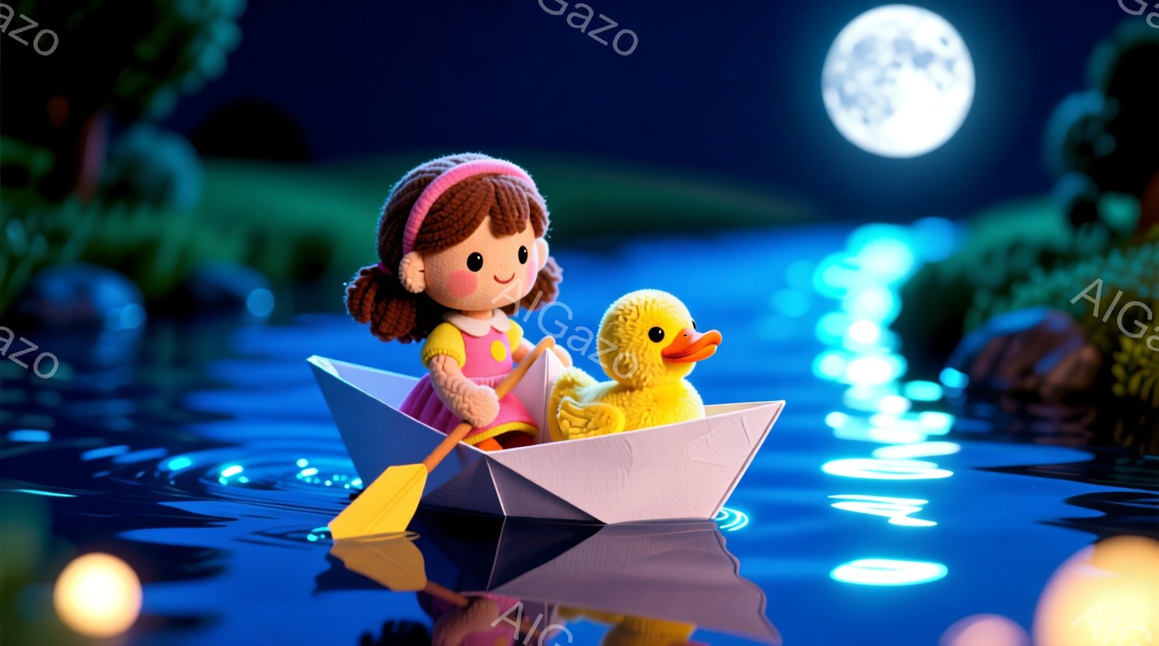紙のボートに乗った少女とアヒルの人形が描かれています。少女はピンク色のワンピースに身を包み、茶色の巻き毛で、穏やかな笑顔を浮かべています。背景には、月明かりが水面に反射し、緑豊かな自然が広がっており、静かで幻想的な雰囲気が漂っています。
