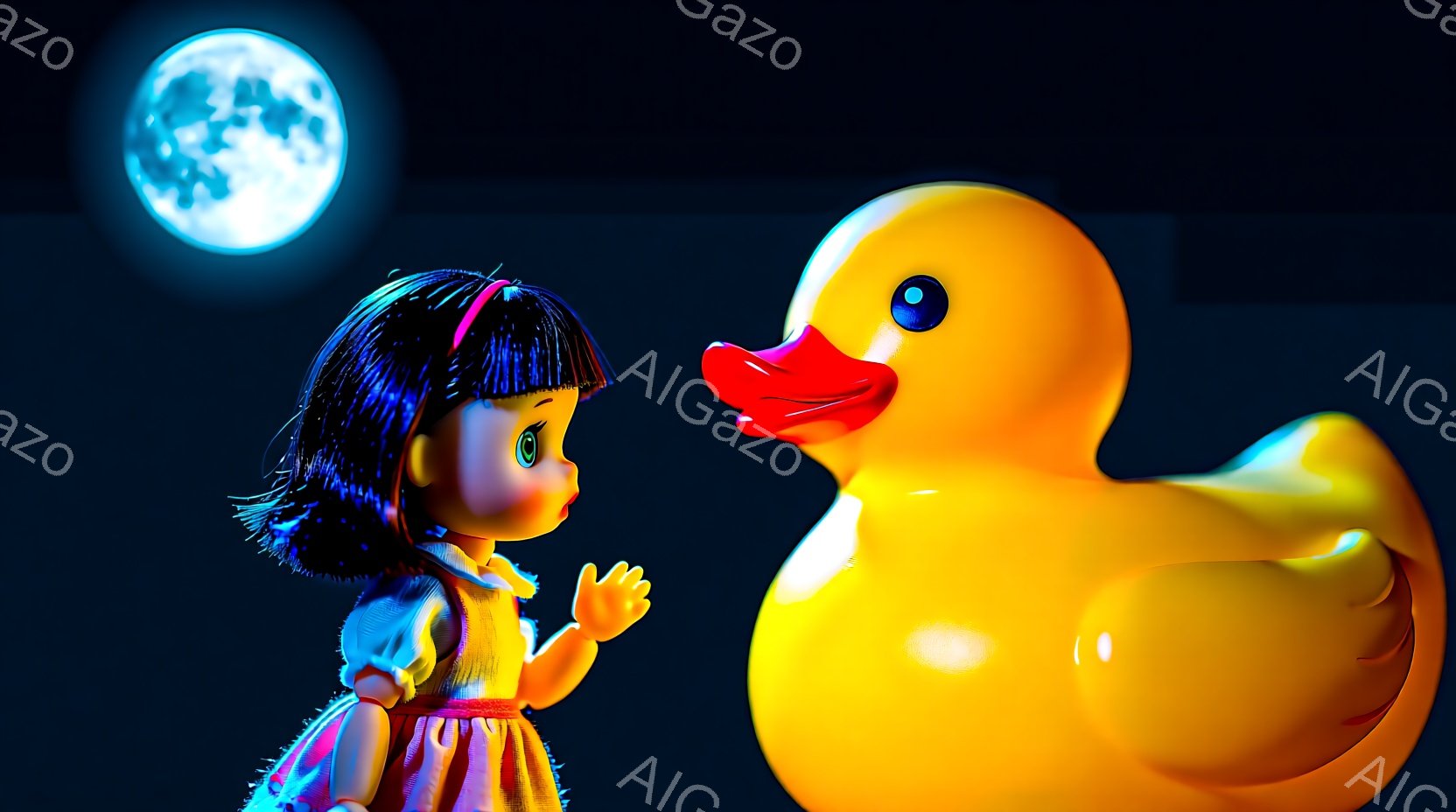 暗い背景に、小さな女の子の人形と大きな黄色いアヒルの人形が並んで立っています。女の子は白いフリル付きの襟のついたピンク色のドレスを着ており、黒髪は肩まで伸びています。背景には満月が輝き、少し幻想的な雰囲気を醸し出しています。