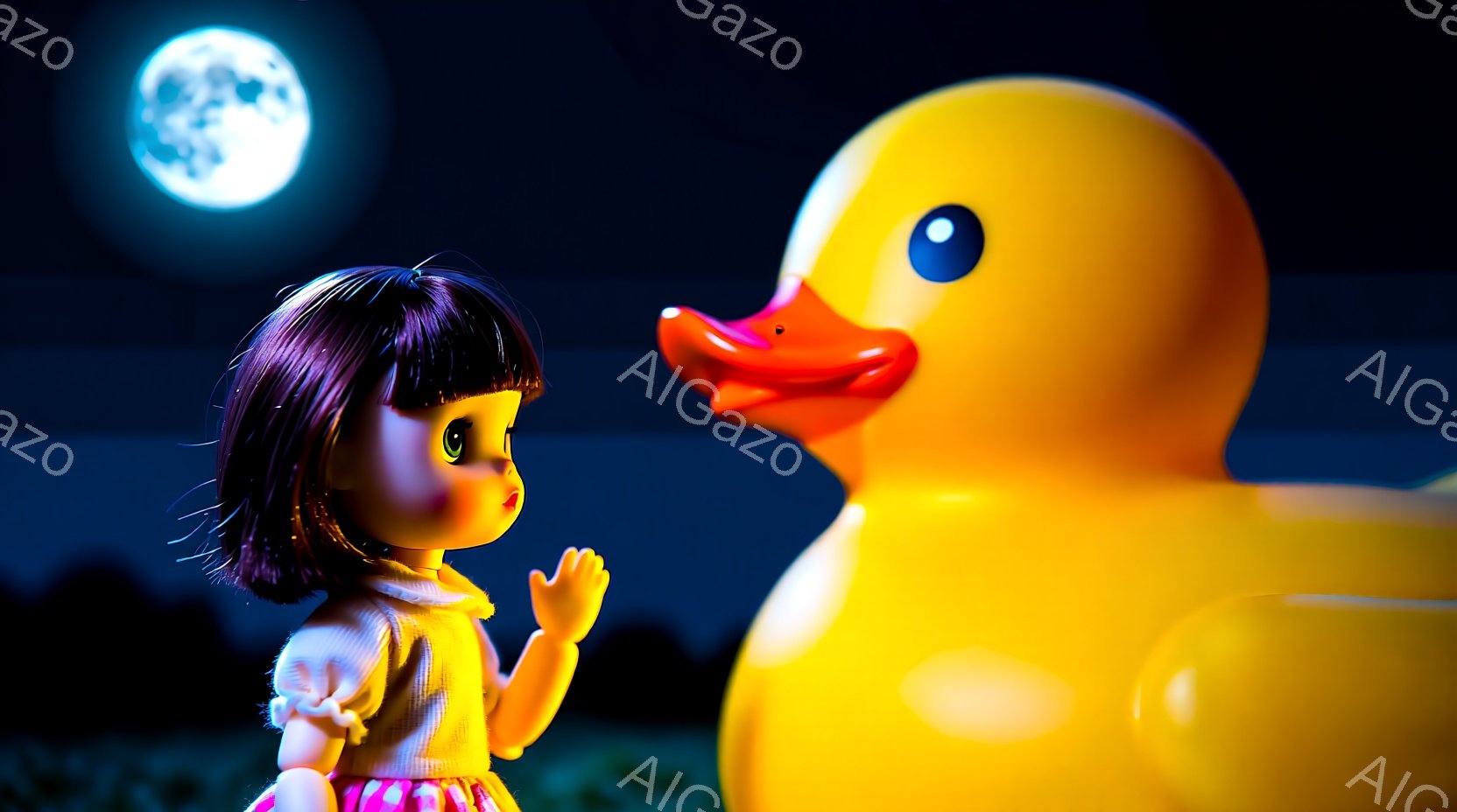 暗い夜空を背景に、黄色いアヒルのぬいぐるみと小さな女の子の人形が並んで立っています。人形は茶色のボブヘアで、ピンク色のスカートと黄色のトップスを着ており、片手を上げて何かを見ているような表情をしています。背景は暗い青色で、遠くにシルエットのような建物が見え、空には満月が輝いています。
