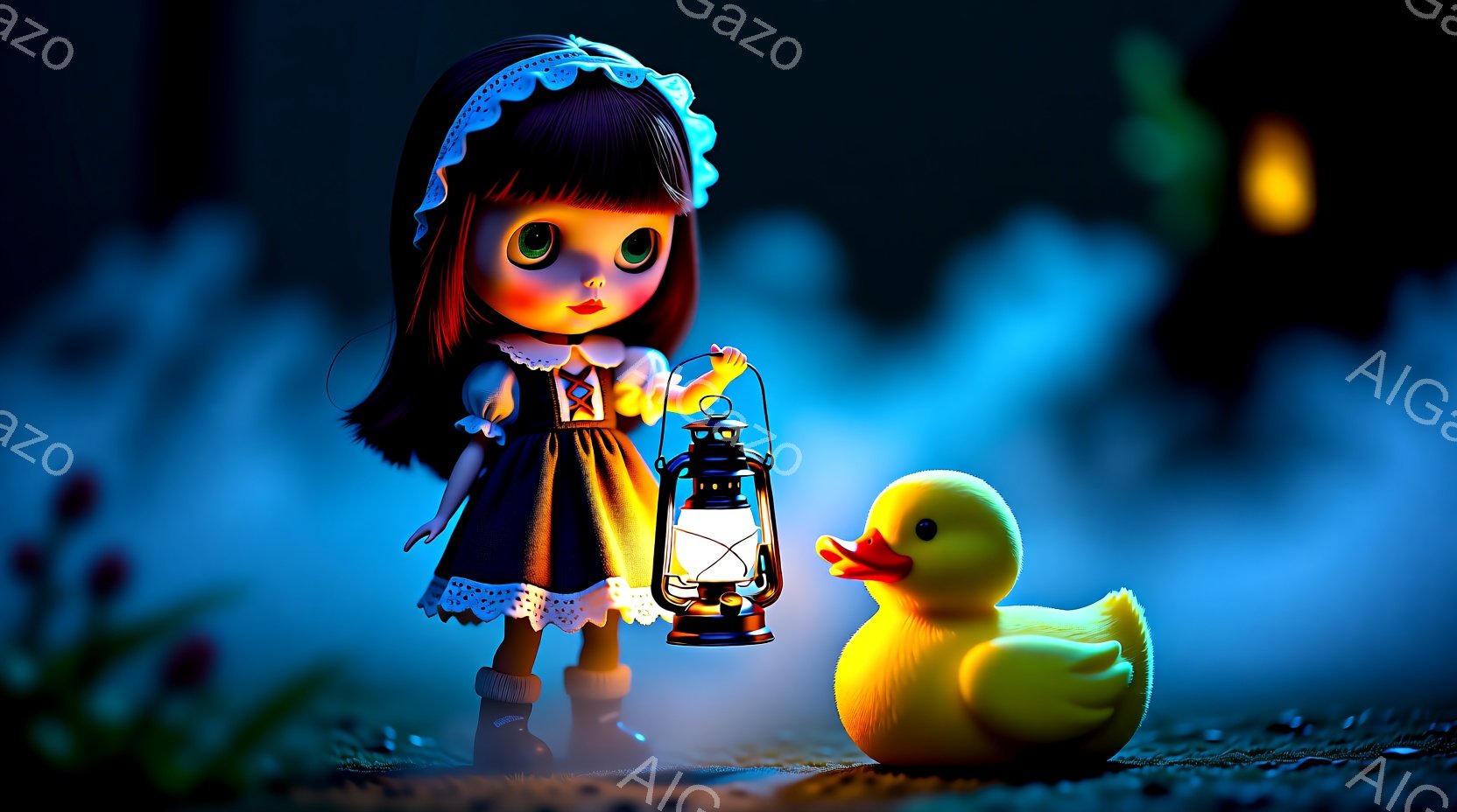 茶色のカールした髪に白いレースのボンネットをかぶった少女が、薄暗い夜にランタンを持って立っています。彼女は茶色のワンピースとブーツを履いており、表情はやや無表情です。背景にはぼやけた植物と夜の闇が広がり、黄色いアヒルのぬいぐるみが彼女の足元に寄り添っています。