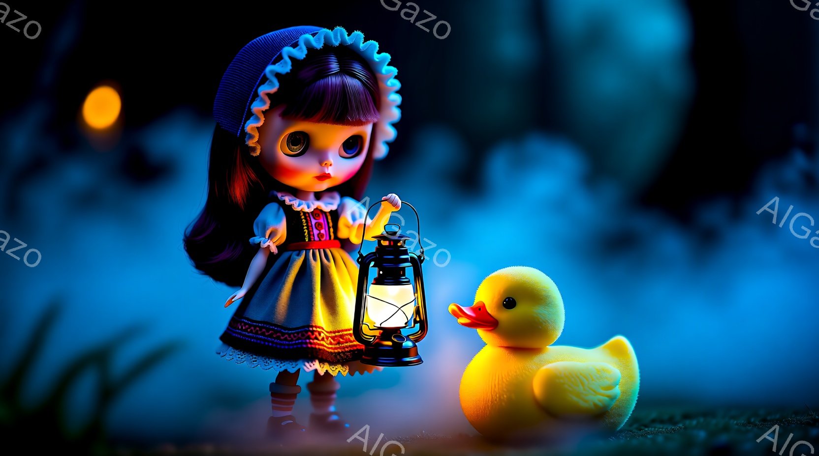 暗い青色の背景に、茶色の髪に大きな瞳を持つ少女の人形が立っている。彼女は白いフリル付きの帽子と、ピンクと白の装飾が施された水色のドレスを着ており、片手に明かりを灯したランタンを持っている。その隣には、鮮やかな黄色のゴム製の鴨がおり、全体的に幻想的でどこか懐かしい雰囲気を醸し出している。