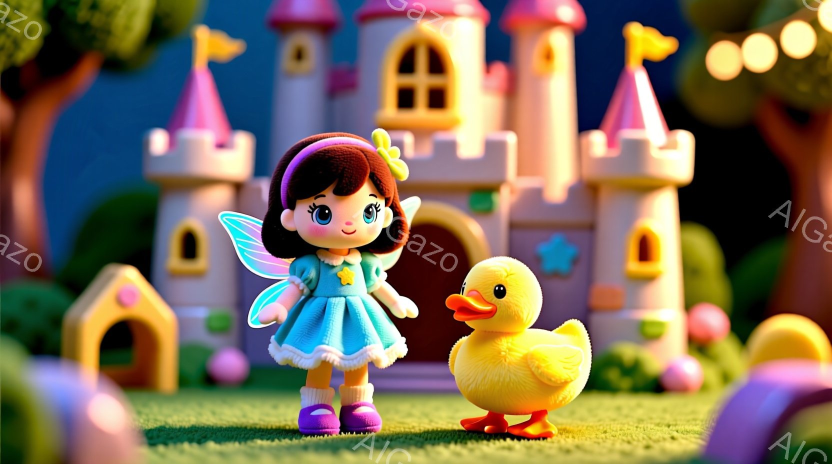 茶色のカールした髪と大きな瞳を持つ少女が、水色のドレスと翼をつけて立っています。背景には、ピンクと白の可愛らしいお城や、カラフルな小さな家々が見え、緑の芝生の上には黄色いアヒルのおもちゃがいます。全体的に明るく、夢のような、おとぎ話のような雰囲気です。