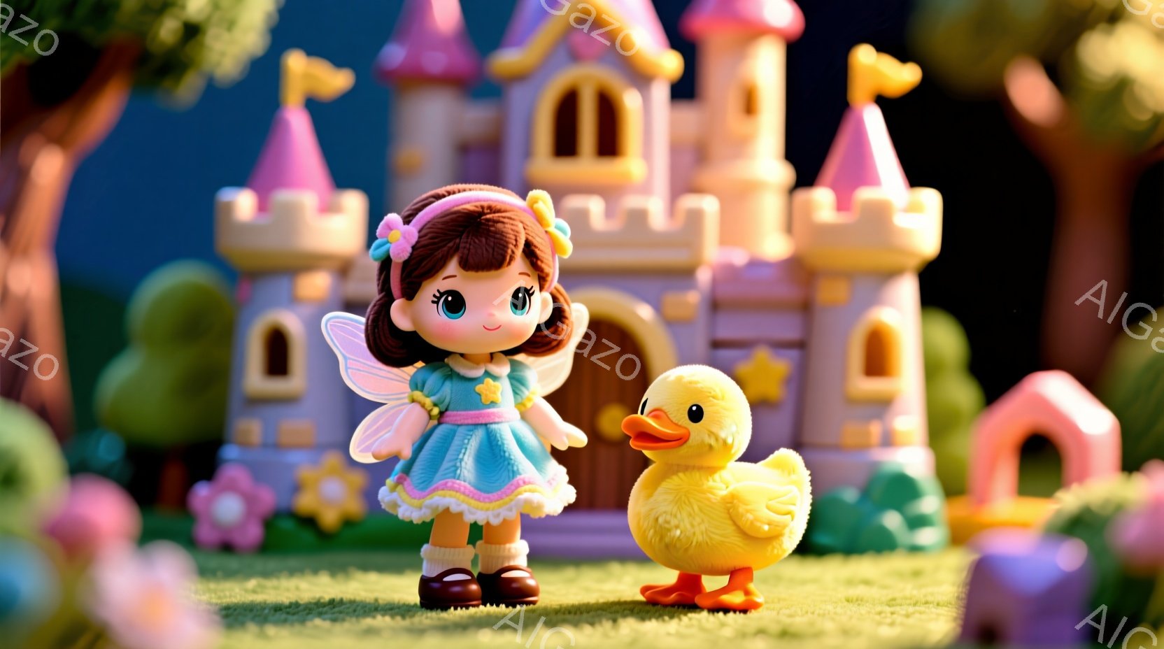 明るい緑の芝生の上に、水色のドレスを着た小さな女の子の人形と、黄色いアヒルの人形が並んで立っています。女の子は茶色の巻き毛に花飾りをつけており、笑顔で優しい表情をしています。背景には、パステルカラーの可愛らしいお城や植物があり、まるでファンタジーの世界のような雰囲気です。