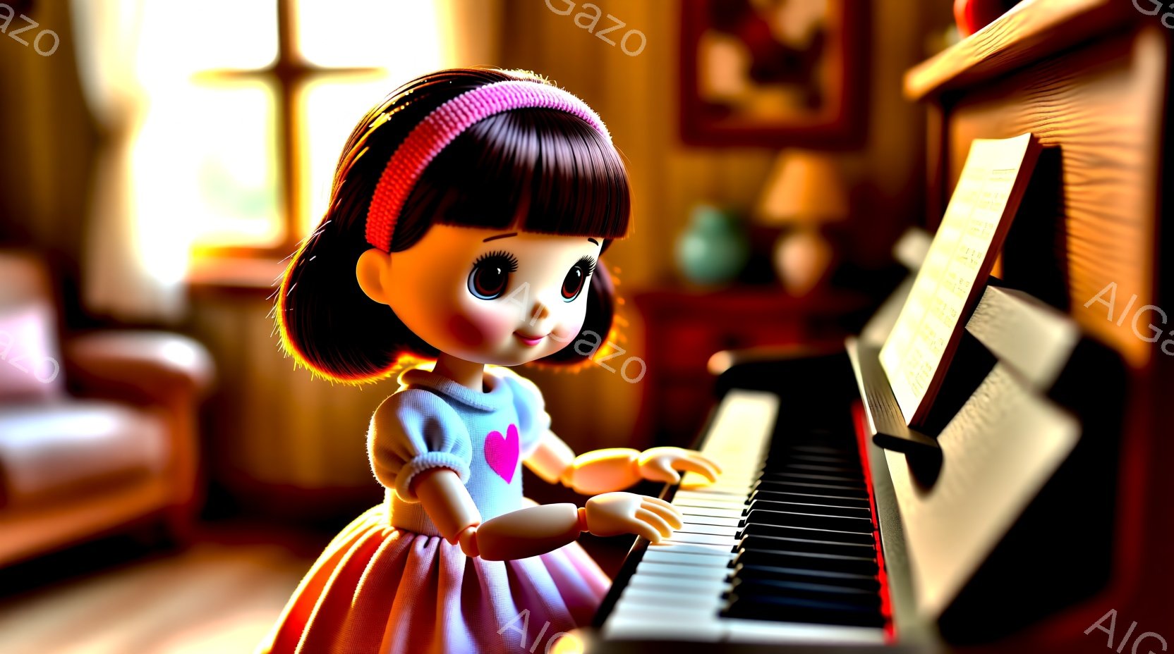 茶色の巻き毛にピンクのリボンをつけた少女がピアノを弾いています。水色のセーターとピンクのスカートを着ており、無邪気な表情で鍵盤を見つめています。背景には、暖色系の家具と絵画が配置され、温かく居心地の良い雰囲気を醸し出しています。