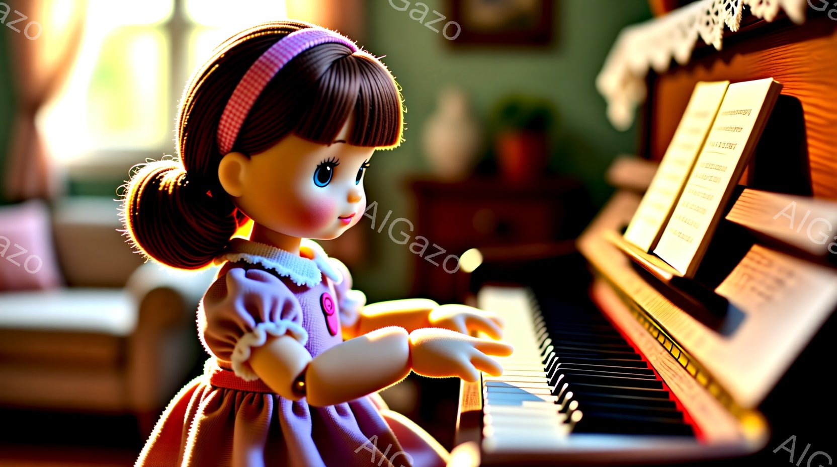 赤い髪のリボンとカールした髪型をした少女がピアノを弾いています。ピンク色のドレスを着ており、集中した表情で鍵盤を見つめています。背景には、暖色系のソファと絵画が見え、温かく穏やかな雰囲気が漂っています。