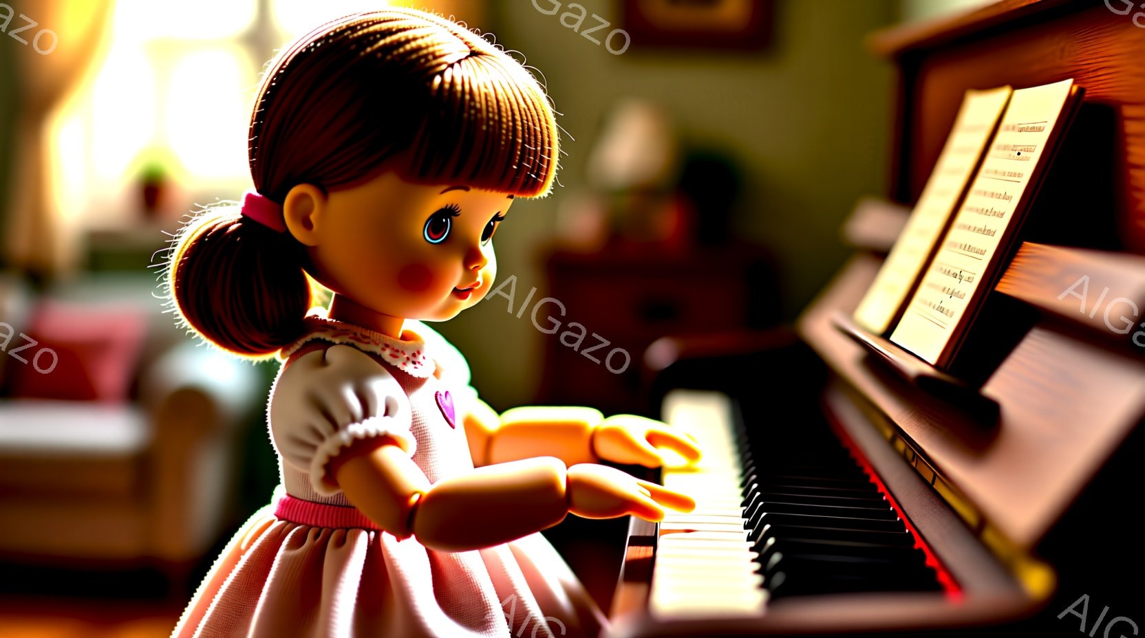 茶色の巻き毛に赤いリボンをつけた少女がピアノを弾いています。ピンク色のフリルがついたドレスを着ており、真剣な表情で鍵盤を見つめています。背景には、柔らかな光が差し込むリビングルームがあり、暖かく穏やかな雰囲気を醸し出しています。