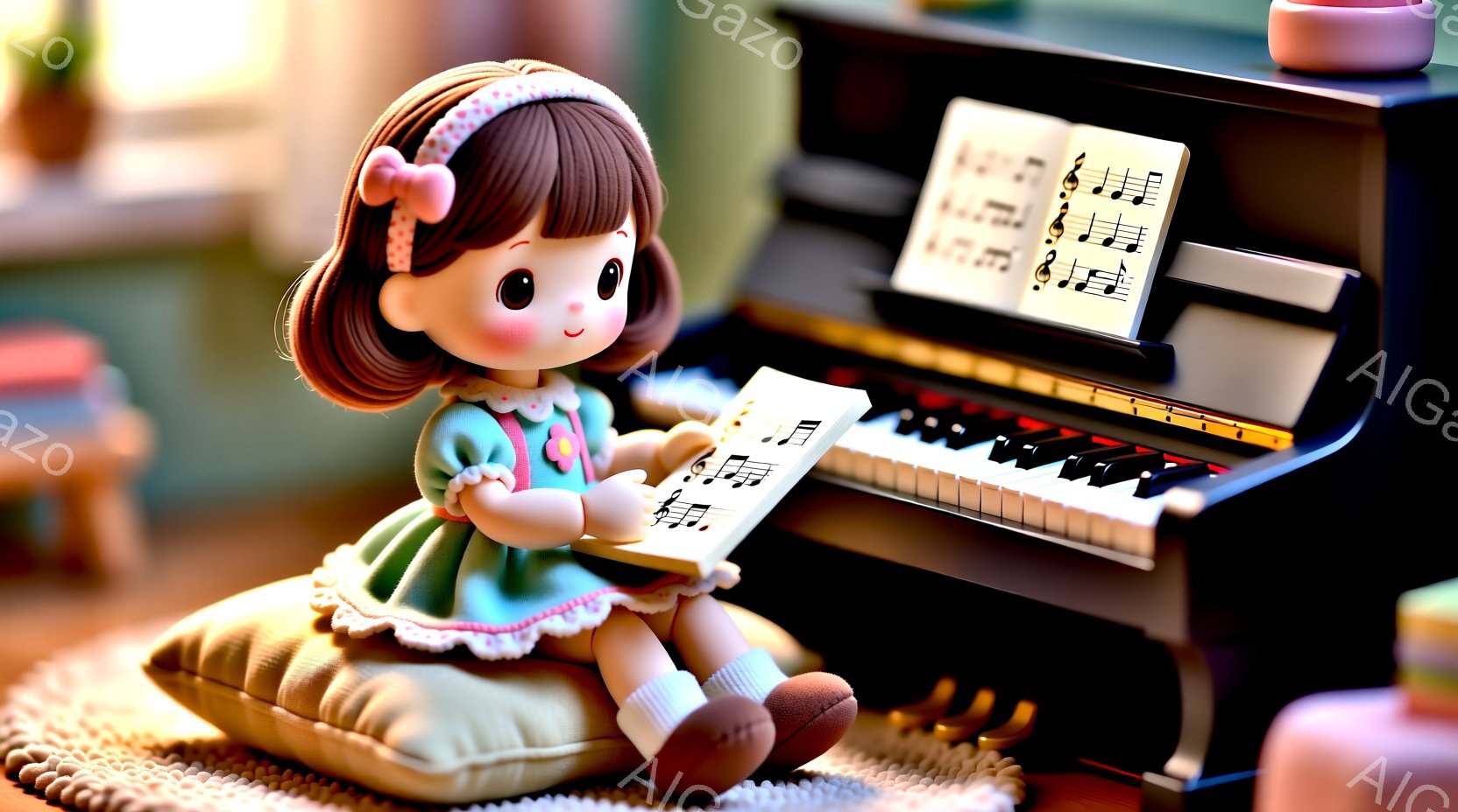 可愛らしい人形がピアノの前に座り、楽譜を見ながら演奏しようとしている様子が描かれています。人形はピンクのリボンが付いた茶色の巻き毛、水色のフリル付きワンピース、そしてクリーム色の靴下を履いています。背景には、ぼやけた家具と窓が見え、温かく優しい雰囲気が漂っています。