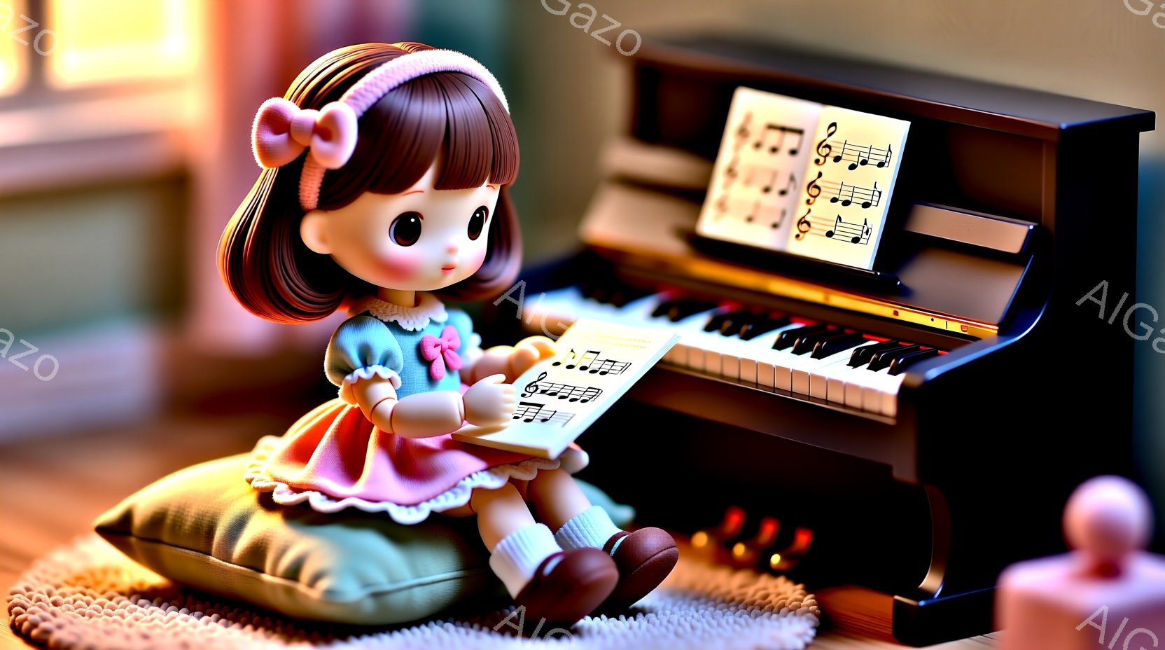 可愛らしい人形が小さなピアノの前に座り、楽譜を見下ろしています。人形は、ピンクのフリルがついた水色のドレスと、茶色のブーツを履いており、茶色のカールした髪にはリボンが付いています。背景には、ぼやけた家具と、暖かく、心地よい雰囲気の部屋が広がっています。