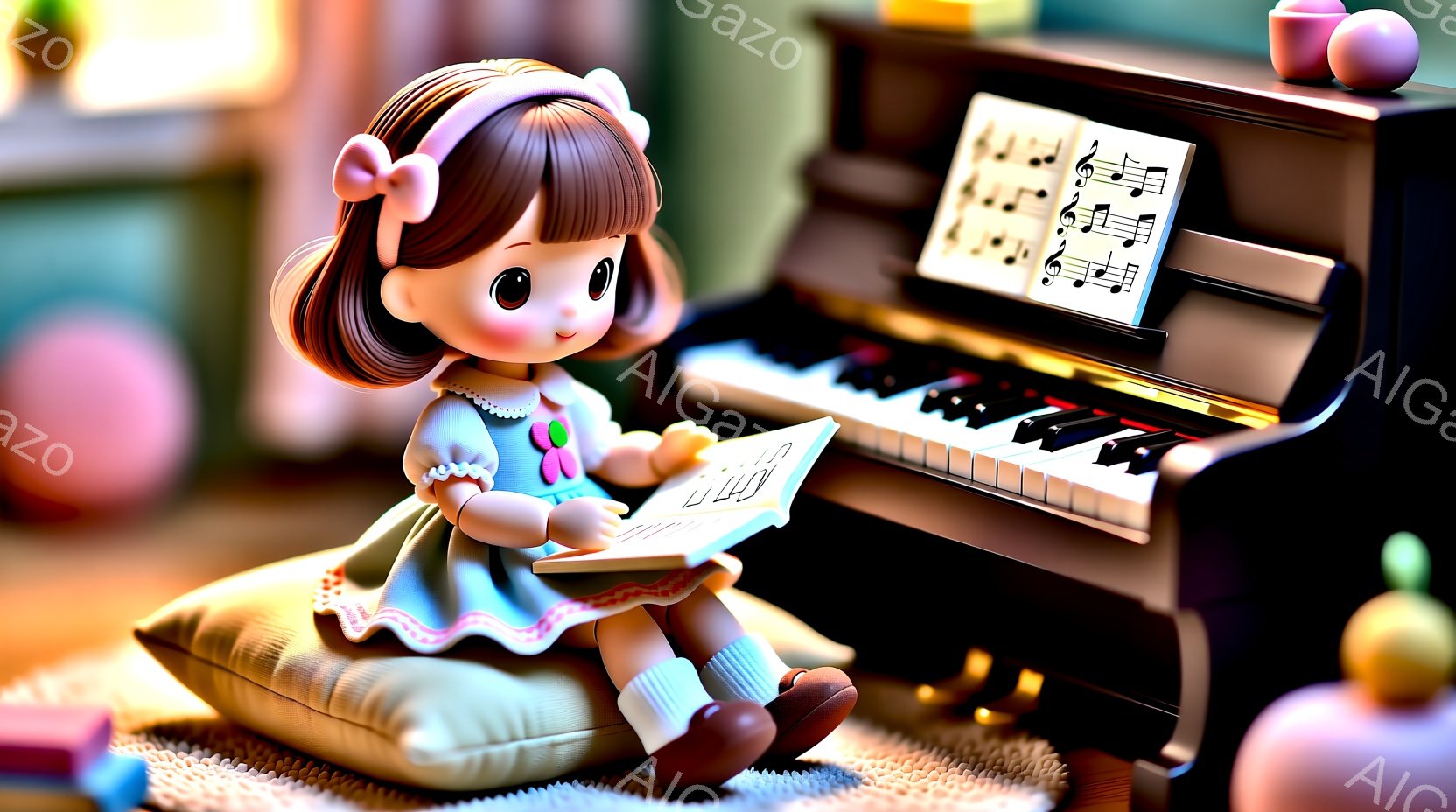 明るいピンクのクッションの上に座った小さな女の子が、開いた楽譜を見ながらピアノを弾こうとしている様子が描かれています。彼女はカールした茶色の髪にリボンをつけており、水色のワンピースを着ています。背景には、小さなピンクの球や本棚が見え、温かく、おとぎ話のような雰囲気を醸し出しています。