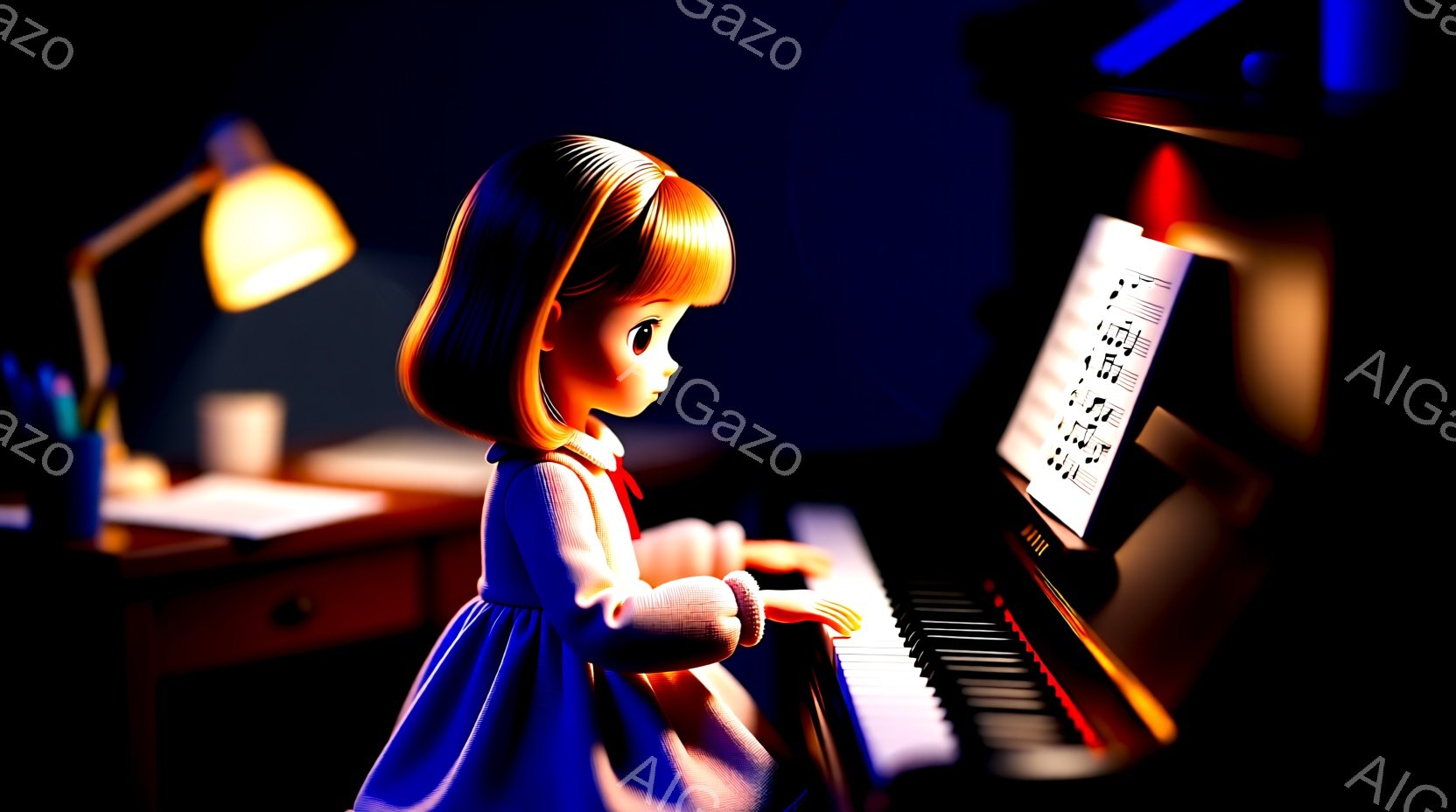 明るい茶色の髪を肩まで伸ばした少女がピアノを弾いています。赤いリボンを付けた白いワンピースを着ており、真剣な表情で鍵盤に向かっています。背景には木製の家具があり、温かい光が当たって、集中して音楽を楽しむ静かな雰囲気が漂っています。