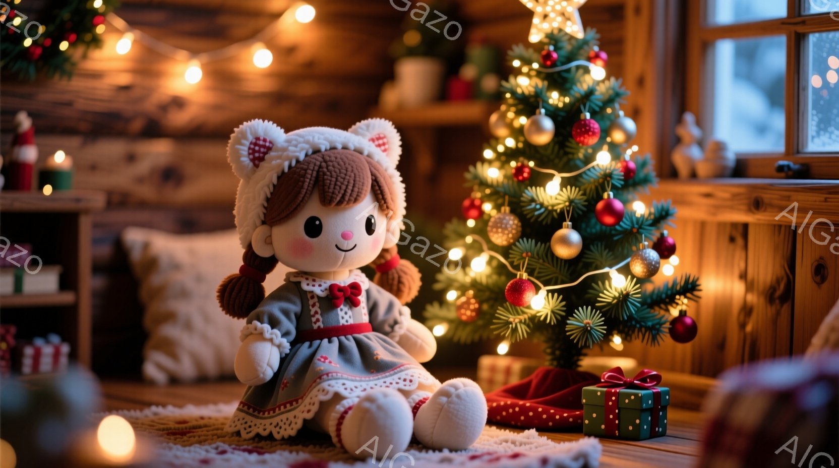 暖炉のある居間に、赤いドレスと帽子を身につけた可愛らしい人形が座っています。人形は茶色の髪を二つに分け、優しい笑顔を見せています。背景にはクリスマスツリーが飾られ、窓の外には雪景色が広がり、温かく、お祝いの雰囲気を醸し出しています。