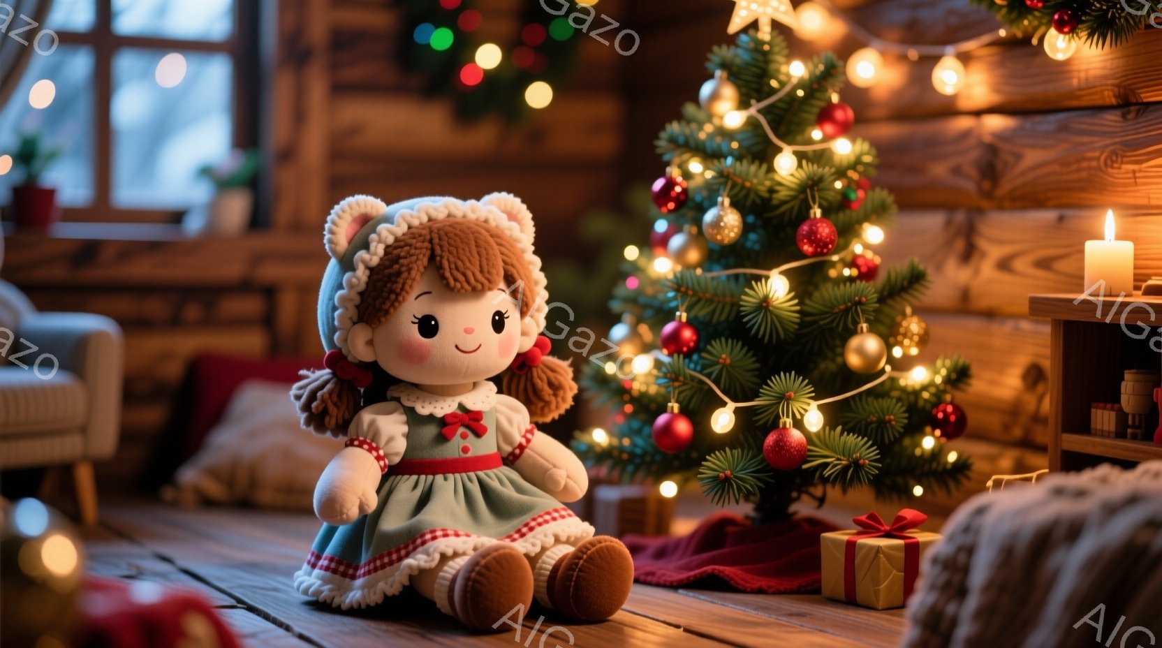暖炉のある木の床に、緑色のドレスを着た可愛らしい人形が座っています。人形は赤茶色の巻き毛で、頭には白いレースのボンネットを被っており、愛らしい表情をしています。背景には、オーナメントと光で飾られたクリスマスツリー、そして暖かい光が灯るキャンドルがあり、全体的に温かく、お祝いの雰囲気が漂っています。
