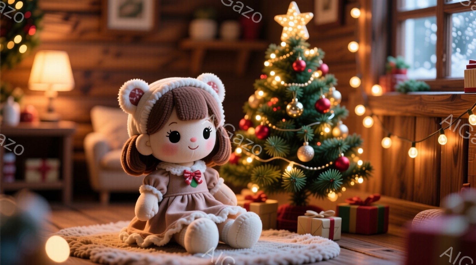 可愛らしい茶色の髪と赤いリボンをつけたぬいぐるみは、薄茶色のワンピースと帽子を身につけ、優しい笑顔を見せています。暖炉のそばに置かれた丸いラグの上に座り、背景にはクリスマスツリーとプレゼントが置かれ、 - AI生成フリー素材