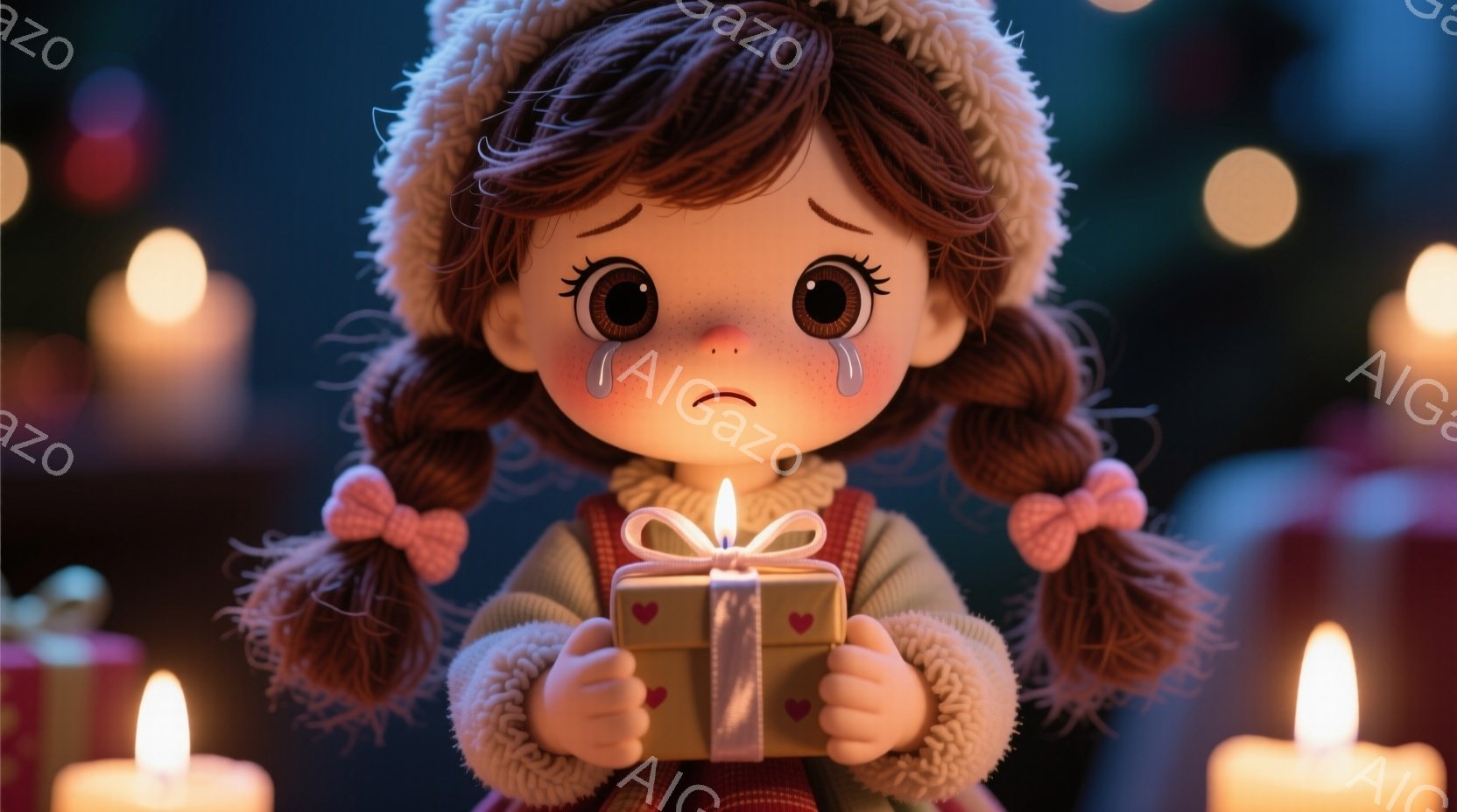 明るい色の髪を二つに結んだ少女が、両手に可愛らしいプレゼントの箱を抱えています。彼女は大きな目に涙を浮かべ、少し悲しそうな表情をしています。背景にはぼやけたロウソクの光が多数あり、全体的に温かく、少し物悲しい雰囲気が漂っています。
