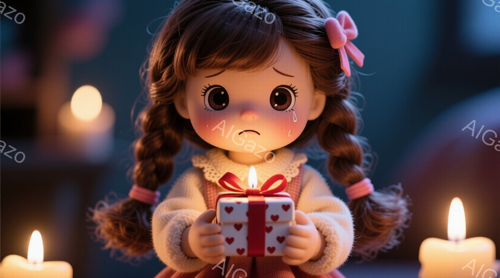 茶色の巻き毛の髪にピンクのリボンを付けた少女が、赤いハート柄のプレゼントの箱を両手で抱えています。彼女の顔には涙が浮かび、少し悲しそうな表情をしています。背景には、ぼんやりとした光を放つキャンドルがいくつか配置され、全体的に物憂げでセンチメンタルな雰囲気を醸し出しています。