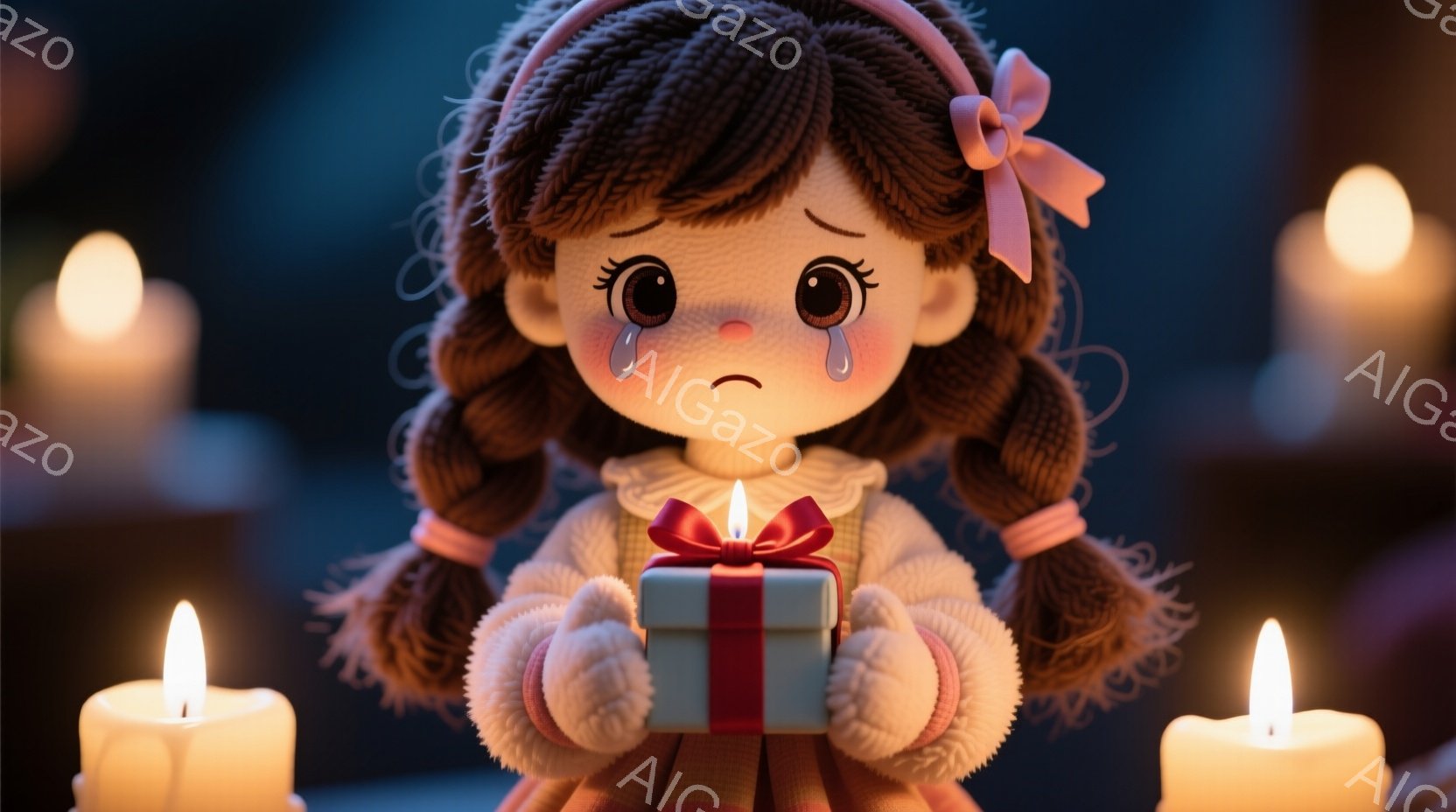 明るいピンク色のセーターとオレンジ色のスカートを着た女の子が、両手で赤いリボンが付いた小さなプレゼントの箱を抱えています。彼女は二つの三つ編みをしており、大きな目に涙が浮かび、悲しげな表情をしています。背景は暗く、多くのロウソクの光がぼんやりと照らし出し、物悲しい雰囲気を醸し出しています。