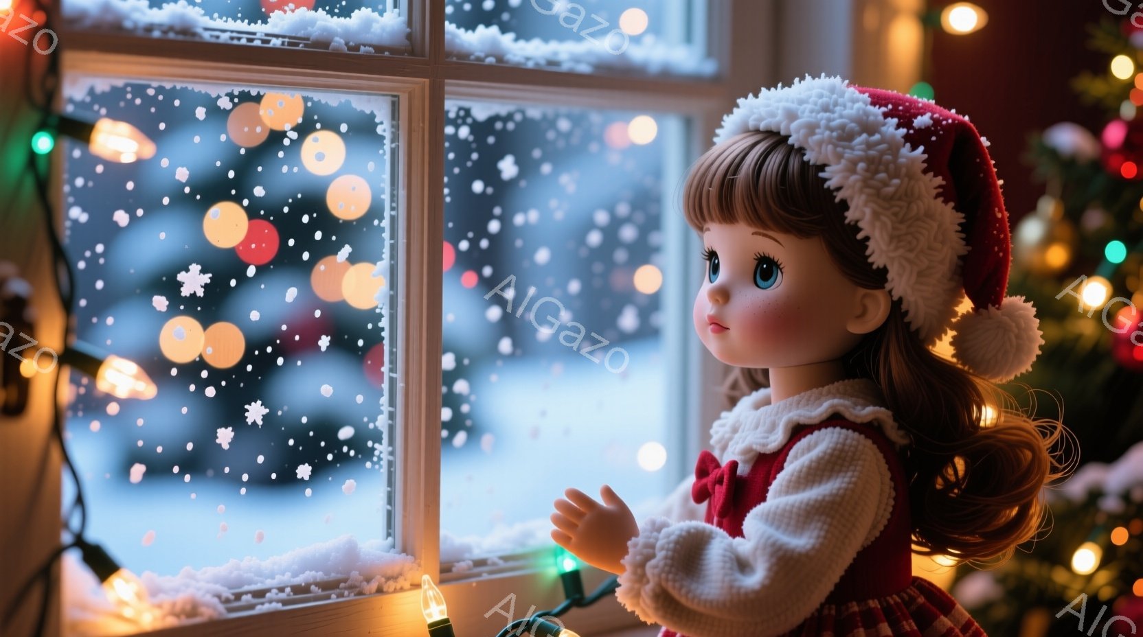 赤い帽子と赤い服を着た少女が窓の外を見つめています。窓の外は雪景色で、ぼやけた街灯が冬の雰囲気を漂わせています。室内にはクリスマスツリーの光がちらつき、暖かく穏やかなクリスマスの雰囲気が感じられます。