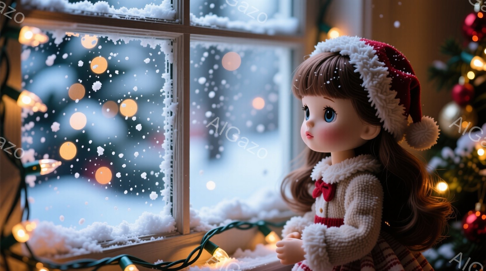 冬の窓辺に立つ少女は、赤いサンタ帽を被り、クリーム色のセーターと赤いリボンがアクセントのワンピースを着ています。彼女は窓の外の雪景色を物憂げな表情で見つめており、少し寂しげな雰囲気を漂わせています。背 - AI生成フリー素材