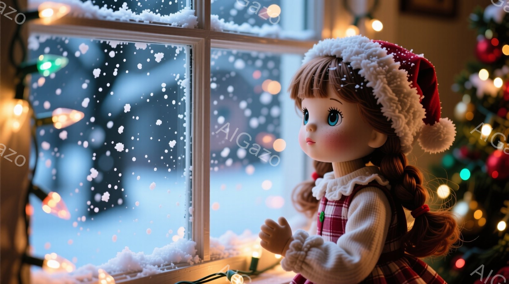 赤い帽子をかぶった女の子が窓辺に立っており、外の雪景色を眺めています。彼女は白いセーターとチェック柄のスカートを着ており、髪は二つに結ばれています。背景にはクリスマスツリーの光がぼんやりと見え、暖かく - AI生成フリー素材