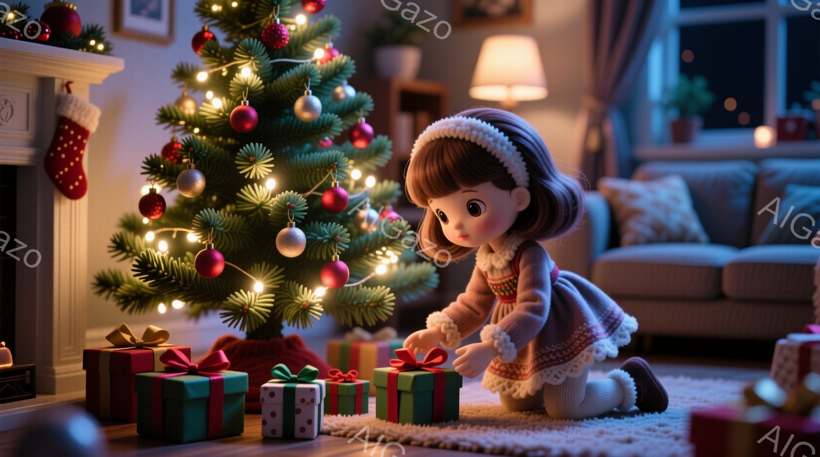 可愛らしい少女がクリスマスツリーの下にひざまずき、プレゼントのラッピングをほどこうとしている。彼女は茶色の巻き毛に白い帽子をかぶり、ベージュのセーターとスカート姿で、優しい笑顔を浮かべている。背景には、飾られたクリスマスツリーや暖炉、そして柔らかな光が差し込むリビングルームがあり、温かく心安らぐクリスマスの雰囲気が漂っている。