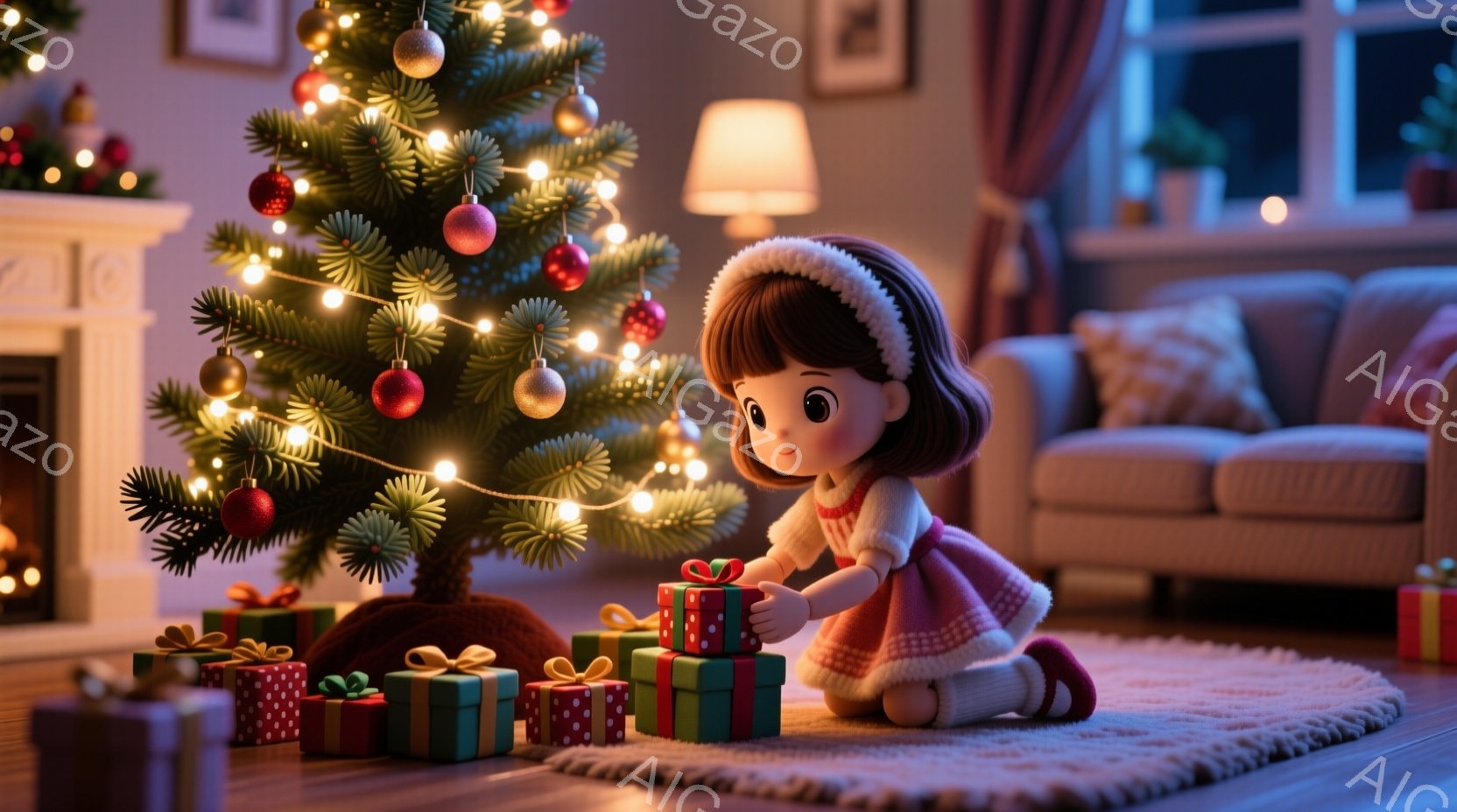 クリスマスツリーの周りにプレゼントの箱が置かれ、可愛らしい女の子が膝をついてプレゼントを手に持っています。彼女はピンク色のドレスと白い帽子を身に着け、大きな瞳で幸せそうに微笑んでいます。背景には、暖炉 - AI生成フリー素材