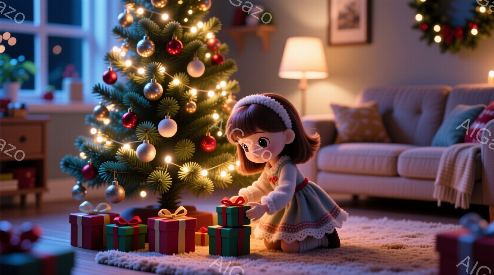 クリスマスツリーの前に、かわいらしい女の子がひざまずいてプレゼントを開けようとしています。彼女は白いドレスに薄いピンクのセーターを着ており、茶色の髪はリボンで結ばれています。背景にはソファーや家具が見え、暖かく穏やかなクリスマスの雰囲気が漂っています。