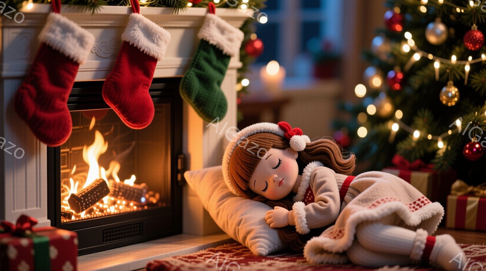 赤毛の少女が暖炉の前で眠っており、白いフリル付きのパジャマと赤い帽子をかぶっている。彼女は白い枕に頭を預け、リラックスした表情を浮かべている。背景には、クリスマスツリーの輝き、燃え盛る暖炉、そしてプレ - AI生成フリー素材