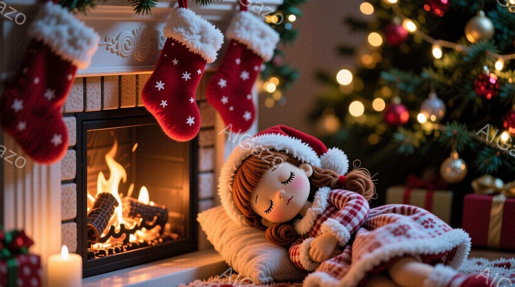 白い暖炉の前には、赤いクリスマス柄の靴下が飾られ、その隣には赤い帽子とパジャマを着た人形が枕の上で眠っています。暖炉の中には炎が燃え、白いろうそくが灯っており、背景にはキラキラ光るオーナメントで飾られたクリスマスツリーがぼやけています。全体的に暖かく、穏やかで、クリスマスの祝祭の雰囲気が漂っています。