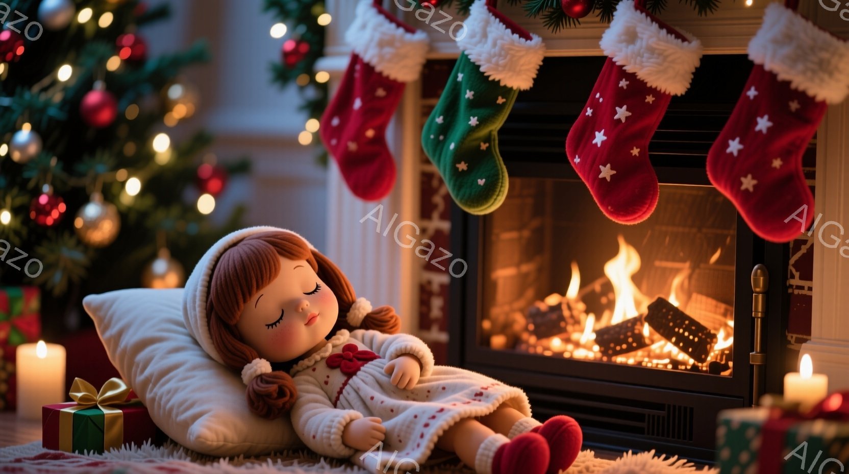 赤毛の少女が白いふわふわのクッションの上で眠っています。彼女は赤いフード付きのパジャマを着ており、小さな赤い靴下を履いています。暖炉の火が灯り、クリスマスツリーが飾られている室内で、プレゼントの箱やろうそくが暖かな光を放ち、安らかで居心地の良い雰囲気が漂っています。