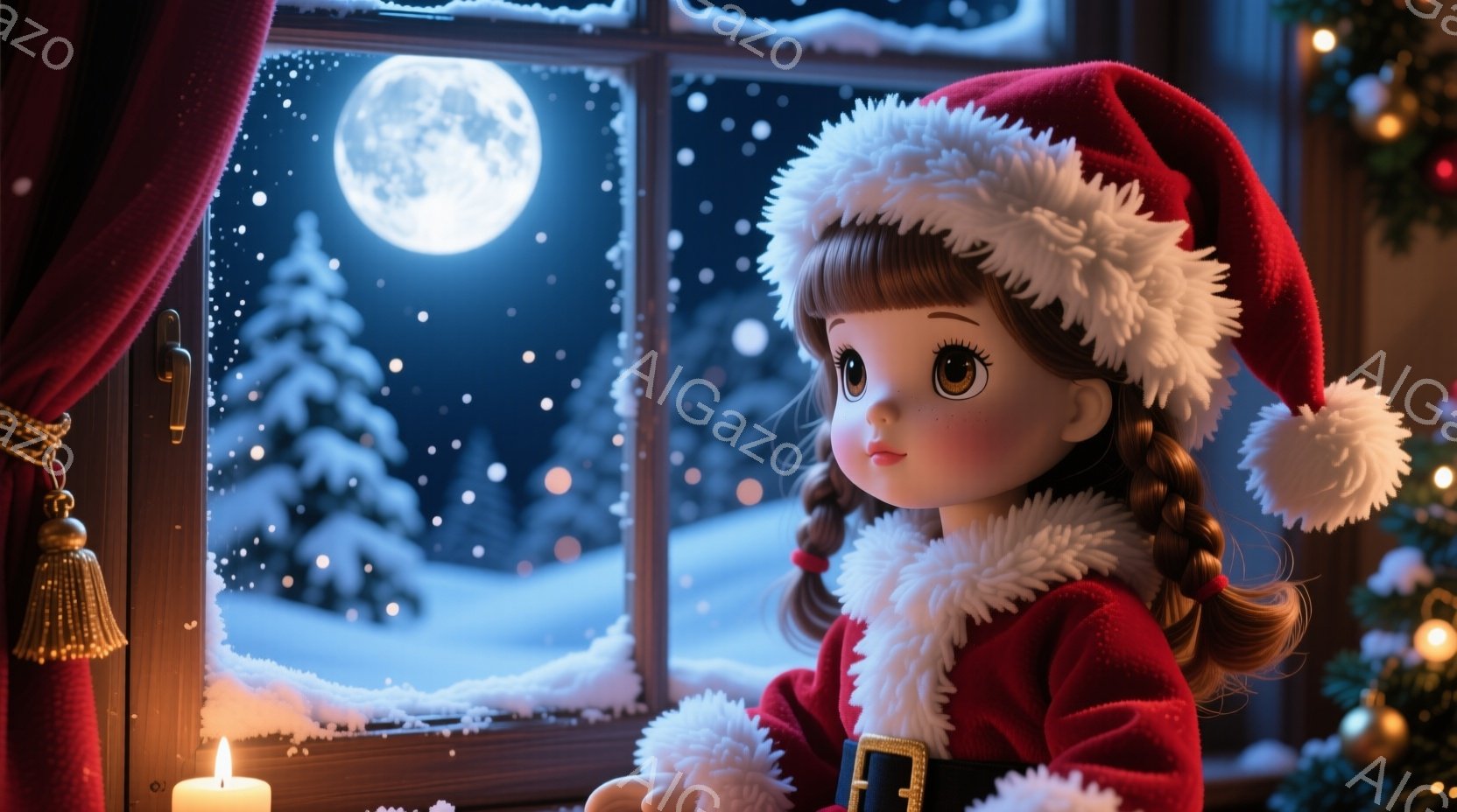 明るい雪景色を背景に、赤いサンタの衣装を着た少女が窓辺に立っている。彼女は茶色の巻き毛で、大きな瞳は少し憂いを帯びた表情を見せている。室内にはキャンドルの灯りがあり、クリスマスの飾り付けが暖かく、雪の降る夜の静寂さと、少女の物憂げな表情が印象的だ。