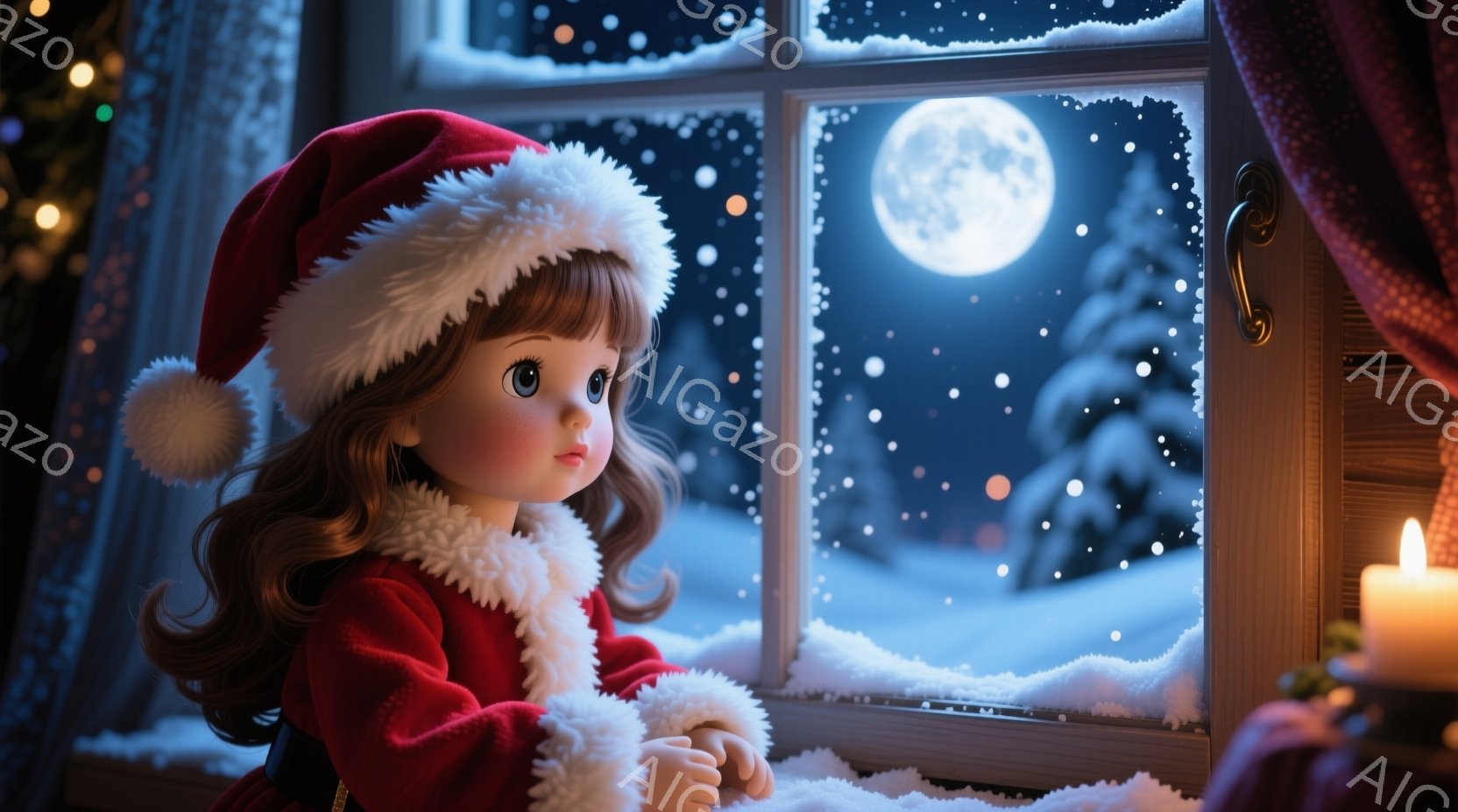 赤い衣装とサンタ帽を身につけた少女が、雪の積もった窓辺に座って外を眺めている。彼女は大きな瞳で何かを想い、少し寂しげな表情をしている。背景には満月と雪景色が広がり、ろうそくの灯りが暖かく、静かで幻想的な雰囲気を醸し出している。