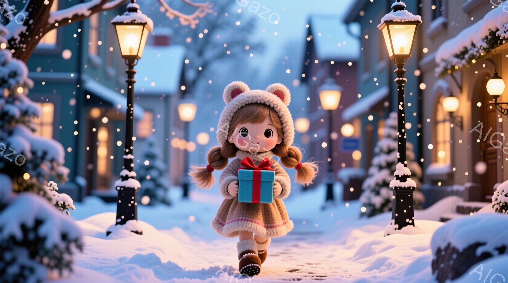 雪景色の中、可愛らしい女の子がプレゼントを抱えて歩いている。彼女はポンポン付きの帽子と厚手のコートを着ており、ポニーテールで結んだ髪が特徴的だ。背景には雪に覆われた建物と街灯があり、暖かく幻想的な冬の雰囲気が漂っている。
