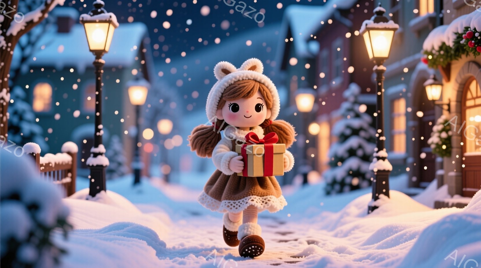 少女は、ふわふわの毛皮の帽子とマフラーを身に着け、赤い頬と輝く笑顔が印象的です。彼女はプレゼントの箱を抱きしめ、雪に覆われた通りを嬉しそうに走っています。背景には、雪で覆われた可愛らしい家々が並び、暖かい光が灯り、クリスマスの静かで温かい雰囲気を醸し出しています。