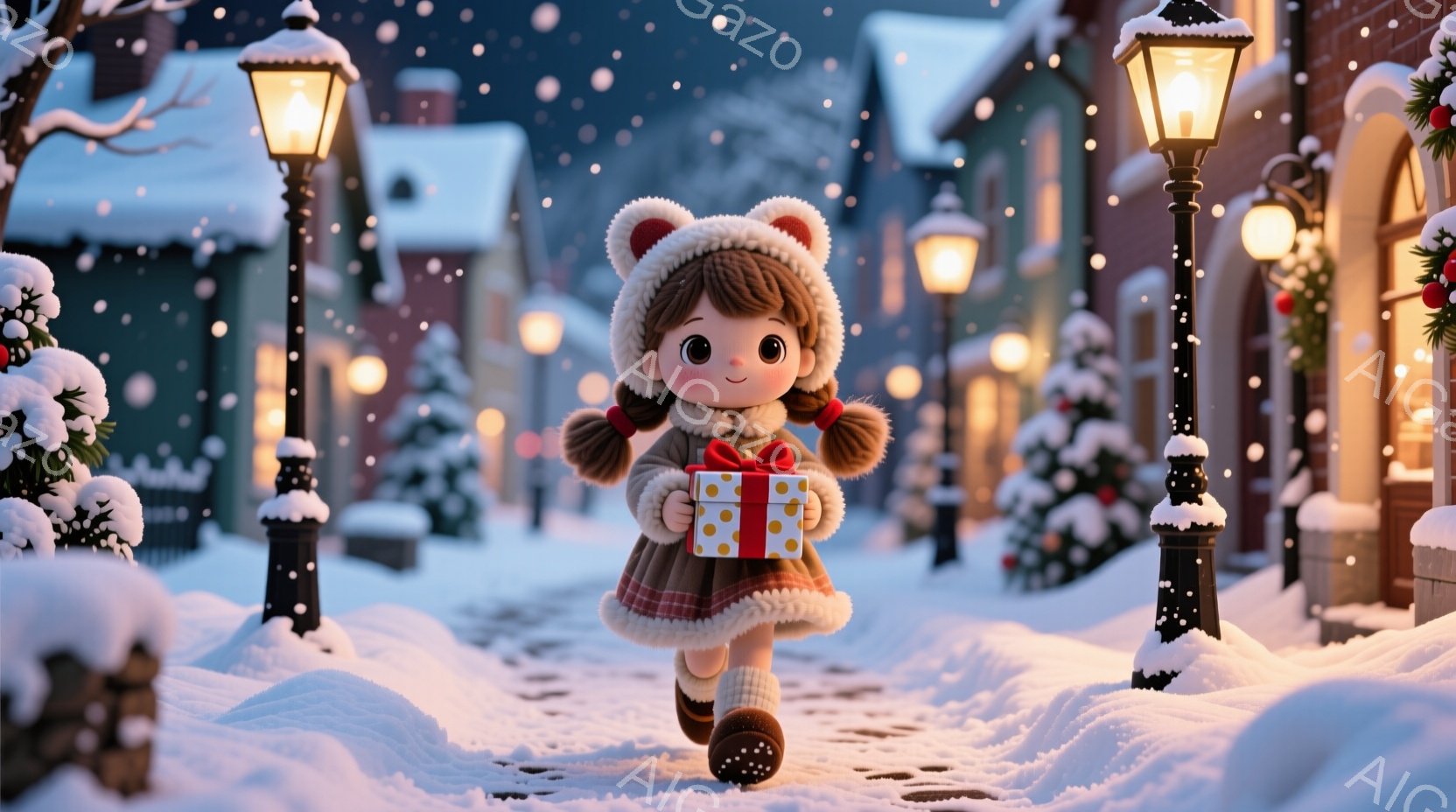 可愛らしい女の子が雪道を歩いている様子が描かれています。彼女はポンポン付きの帽子と赤いコートを着ており、両手にラッピングされたプレゼントを持っています。背景には雪に覆われた建物や街灯が並び、暖かく幻想 - AI生成フリー素材