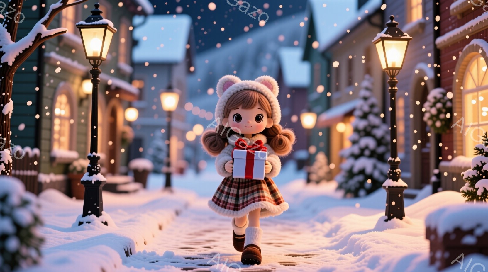 雪が降る冬の通りを、赤い帽子とマフラーをつけた少女が歩いている。彼女はチェック柄のコートを着て、片手に赤いリボンで飾られたプレゼントの箱を持っている。背景には、雪で覆われた建物やクリスマスツリーが見え - AI生成フリー素材