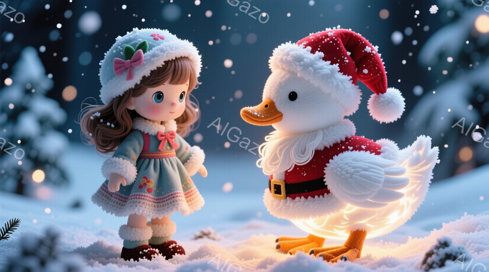 雪が降る背景に、可愛らしい少女とサンタの衣装を着たアヒルの姿が描かれています。少女はピンク色の帽子と水色のワンピースを着ており、赤いブーツを履いています。アヒルは光を放っており、その周りは温かく、幻想的な雰囲気が漂っています。