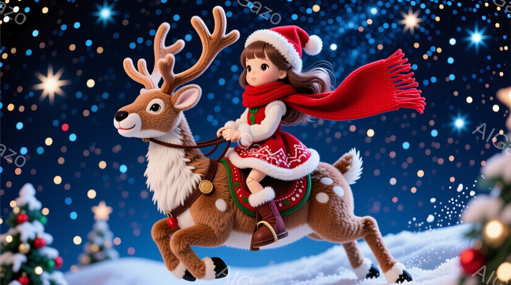 雪が降る夜、赤い帽子とマフラーを身につけた少女が、トナカイにまたがって疾走している。少女は赤いコートを着ており、トナカイには金色の鈴がつけられている。背景にはクリスマスツリーがぼんやりと見え、全体的に - AI生成フリー素材