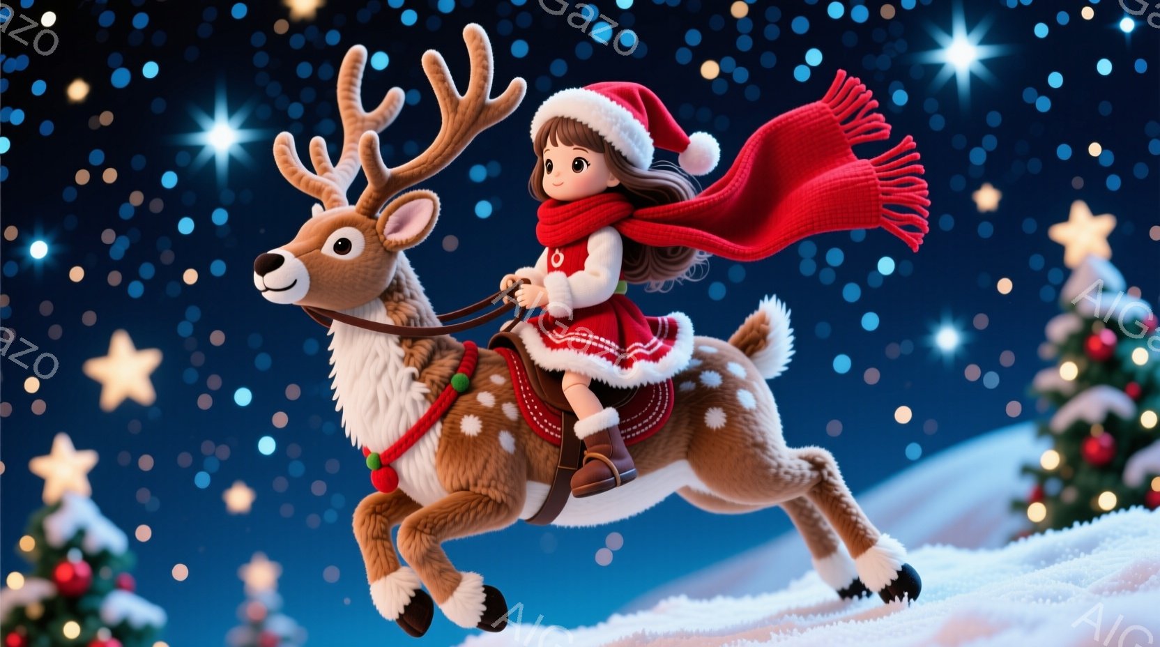 可愛らしい女の子が、トナカイに乗って空を飛んでいる様子が描かれています。彼女は赤いサンタ帽とコート、そして長い赤いマフラーを身に着け、笑顔でトナカイの角につかまっています。背景には雪が積もった丘と、キラキラと輝く星空が広がり、クリスマスの温かく幻想的な雰囲気を醸し出しています。