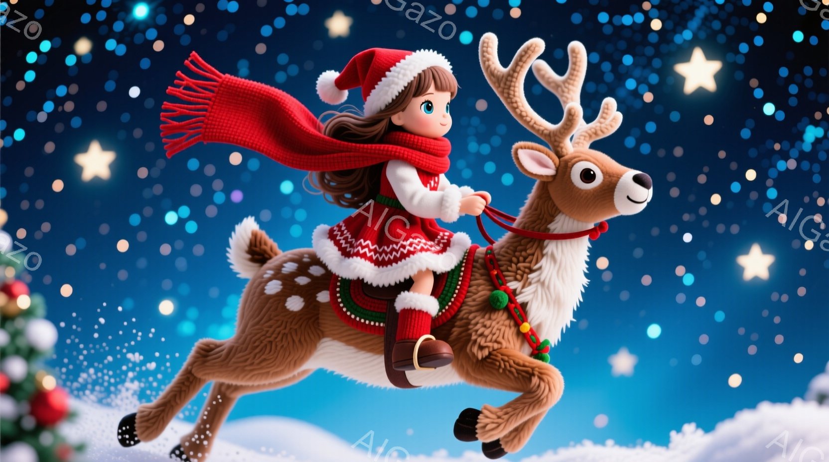 少女は赤い帽子とマフラーを身につけ、ニットのセーターを着ています。彼女はトナカイにまたがり、楽しそうに空を飛んでいるようです。背景には、星が輝く夜空と雪景色が広がり、クリスマスの暖かく幻想的な雰囲気を - AI生成フリー素材