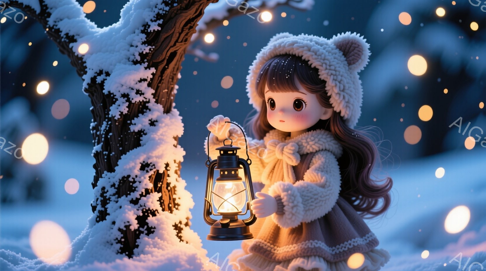 雪景色の中で提灯を持つ少女が描かれています。少女はふわふわの帽子と厚手のコートを着ており、長い茶色の髪は肩にかかっています。背景には雪に覆われた木々とぼやけた光の点が散りばめられており、幻想的で静かな - AI生成フリー素材